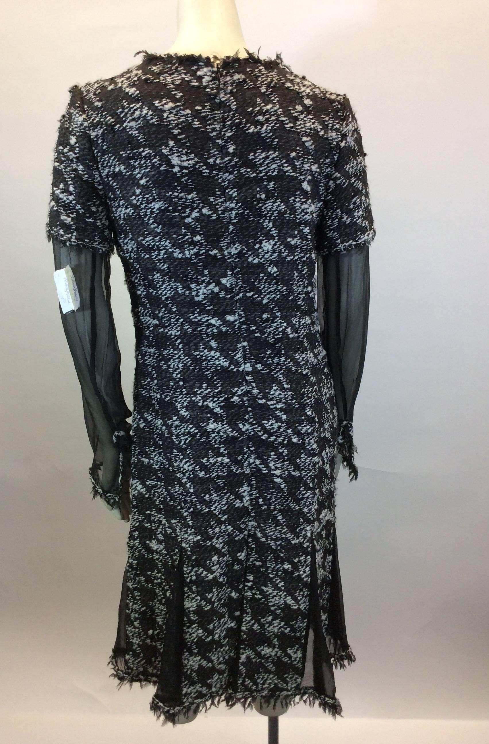 Women's Chanel Black and White Houndstooth Tweed Dress with Sheer Sleeves For Sale