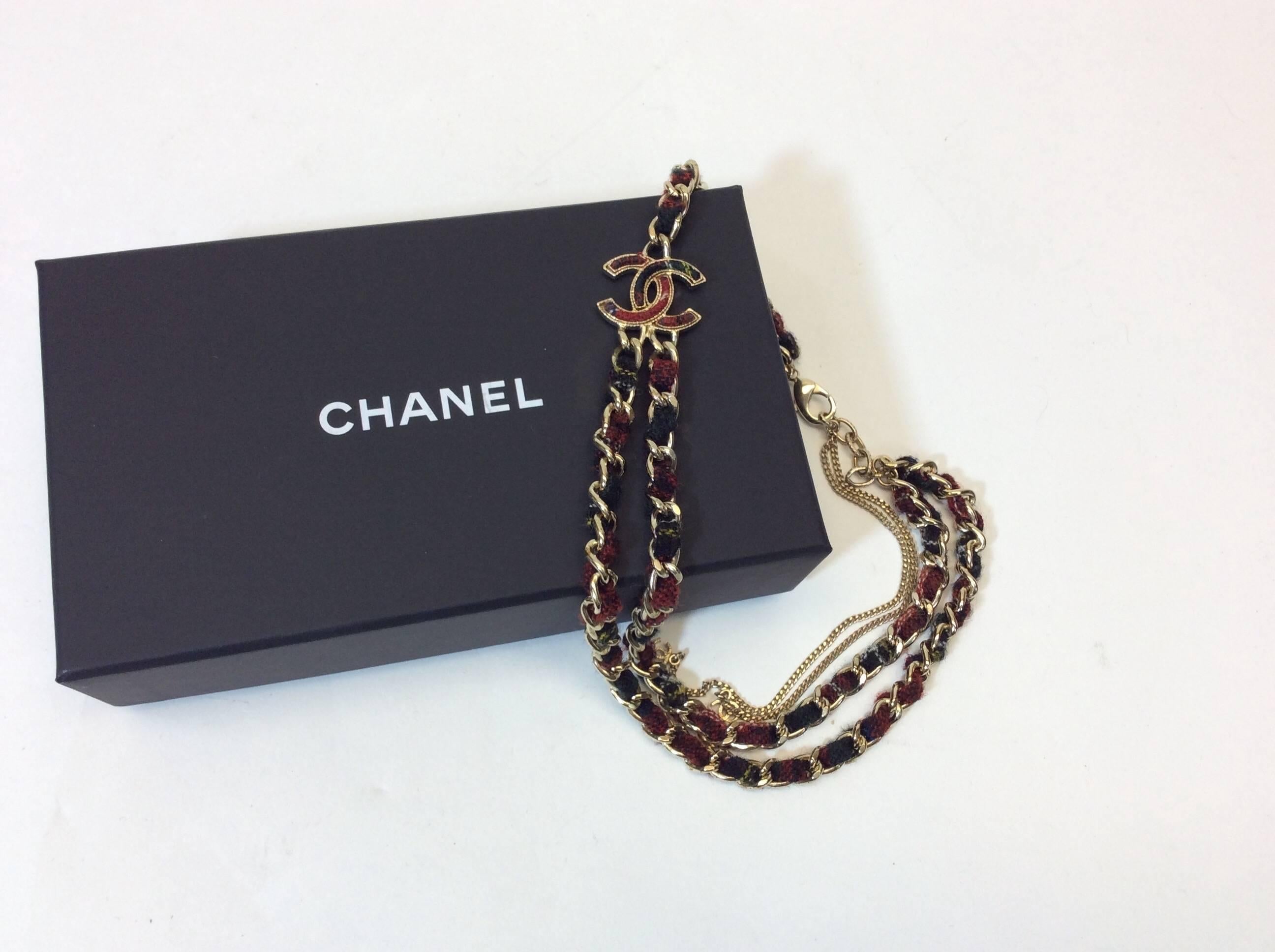Chanel CC Logo Interwoven Plaid Tweed and Silver Chain Double Strand Necklace 2