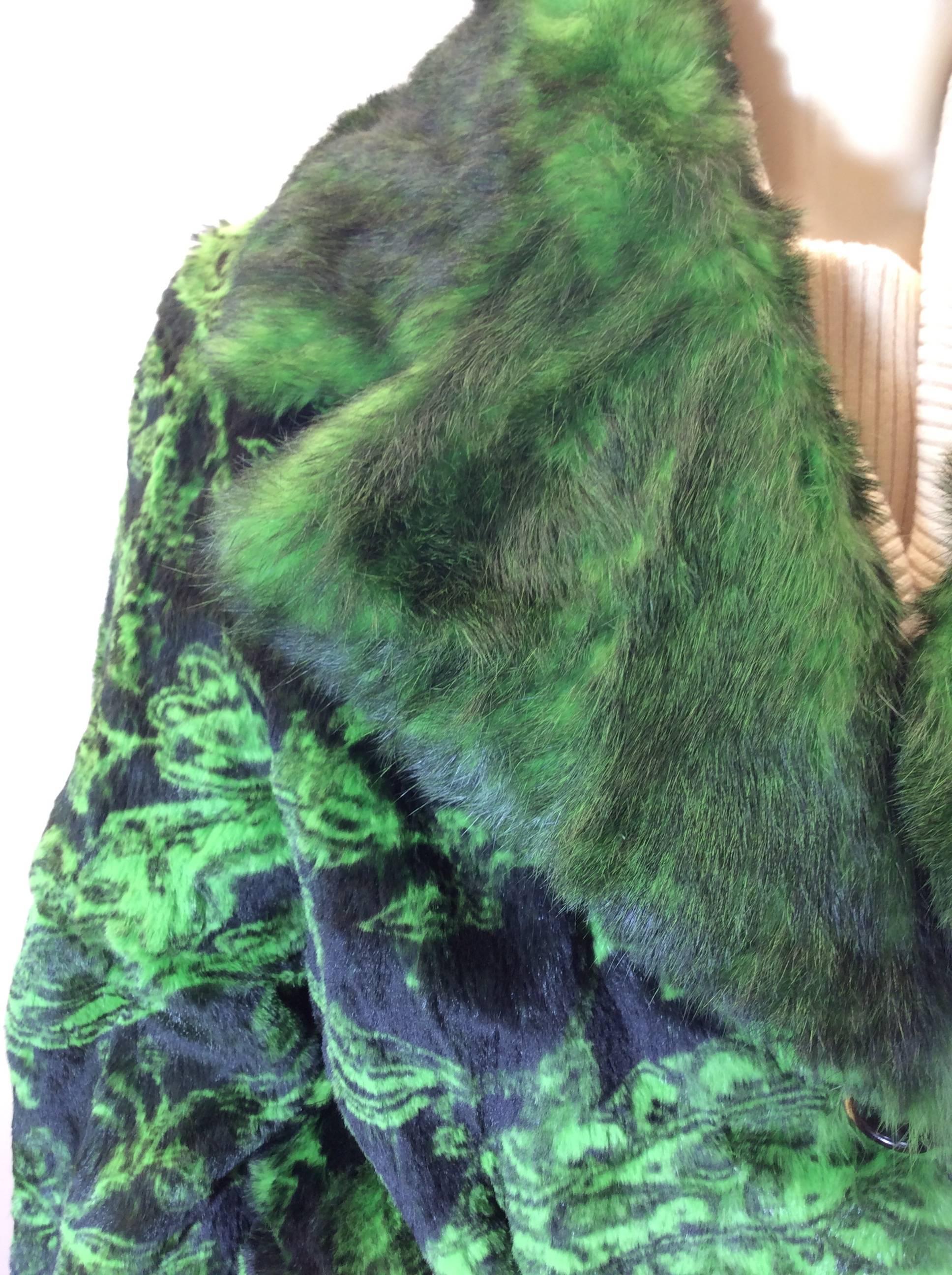 Etro Green and Black Dyed Sheared Printed Mink Wrap Coat 2