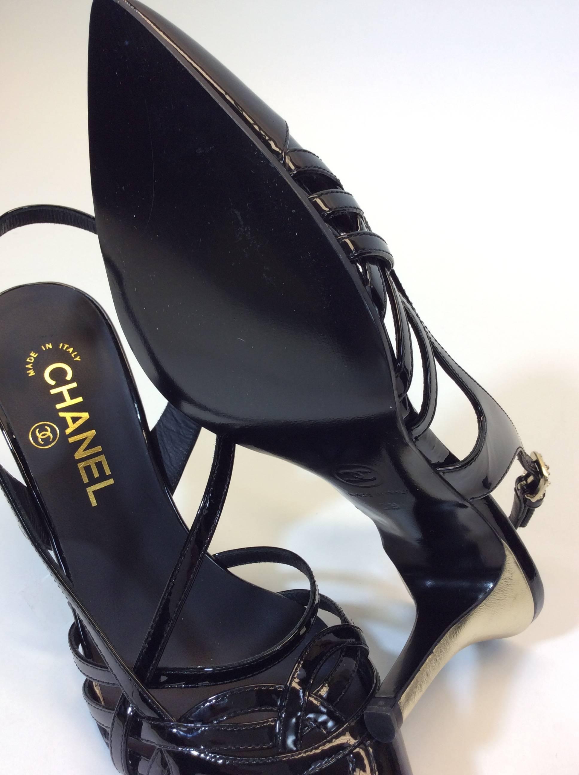 Chanel Black Patent Leather Strap Heel For Sale 2