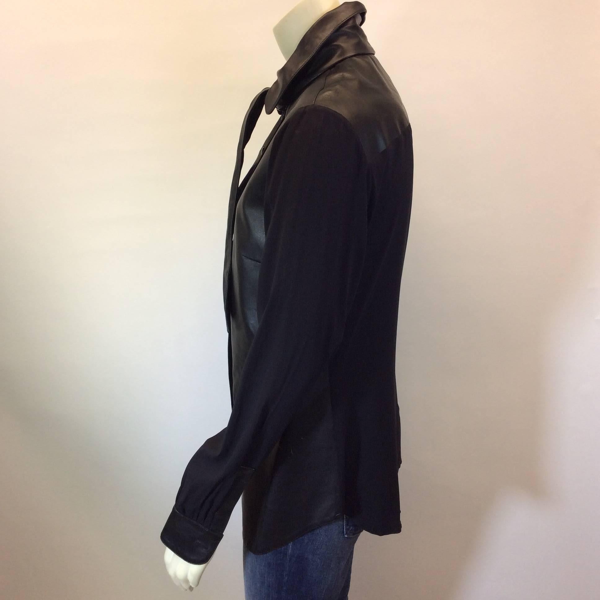 Black Leather Blouse with Neck Tie
Size 42 (equates to US 10)
100% Leather, 94% Silk, 6% Spandex