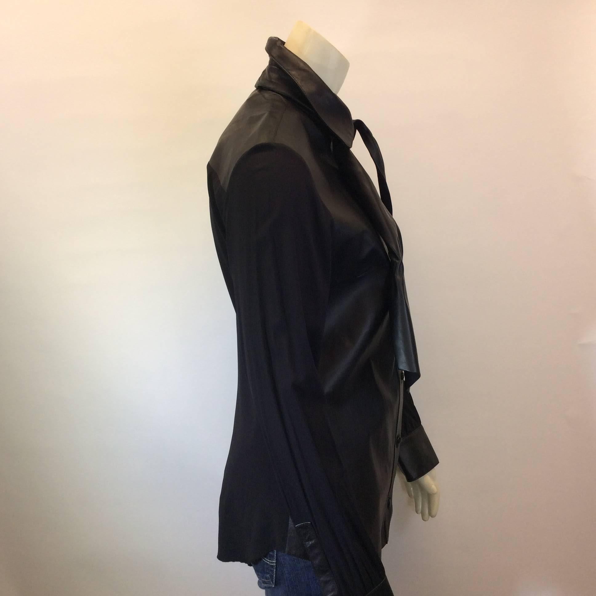 Anna Molinari Black Leather Blouse with Neck Tie In Excellent Condition For Sale In Narberth, PA