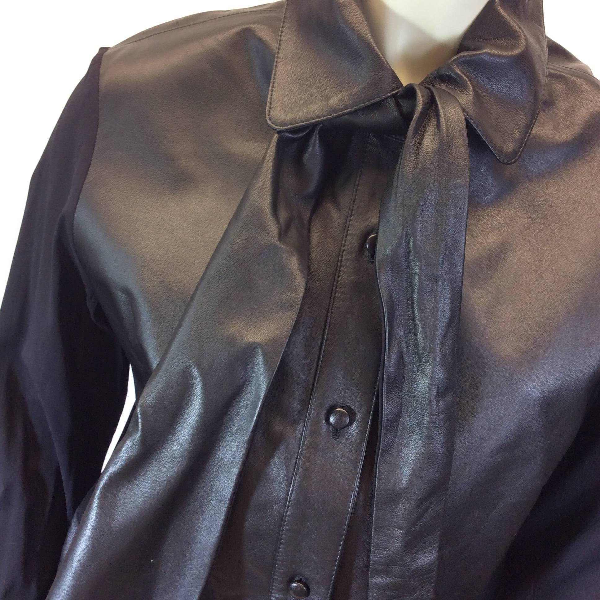 Anna Molinari Black Leather Blouse with Neck Tie For Sale 1