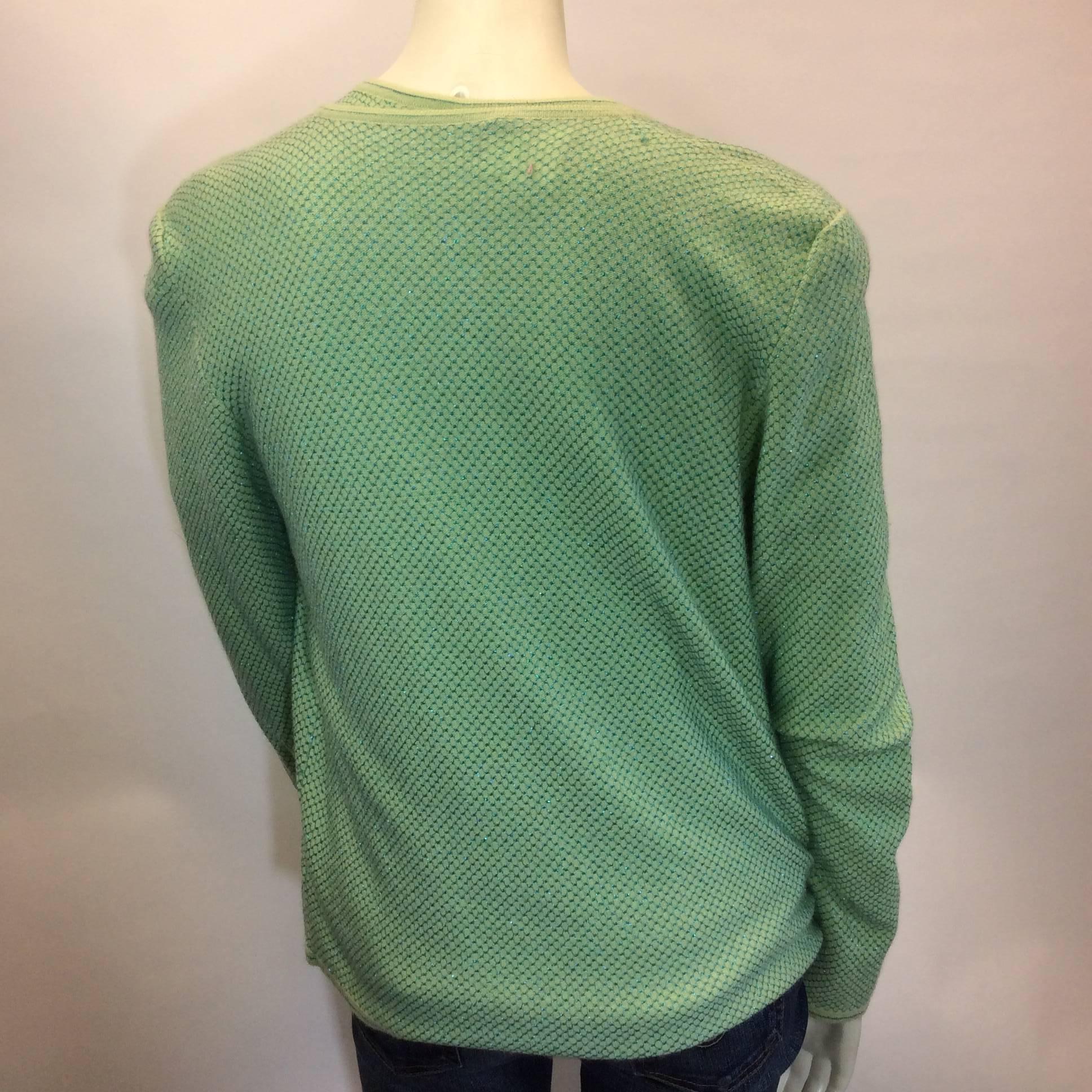 Chanel Green Cashmere Cardigan Set with Blue Metallic Print In Excellent Condition For Sale In Narberth, PA