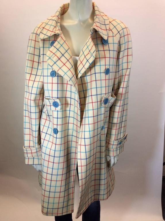 Marc Jacobs Cream Red and Blue Plaid Button Up Overcoat For Sale at 1stDibs