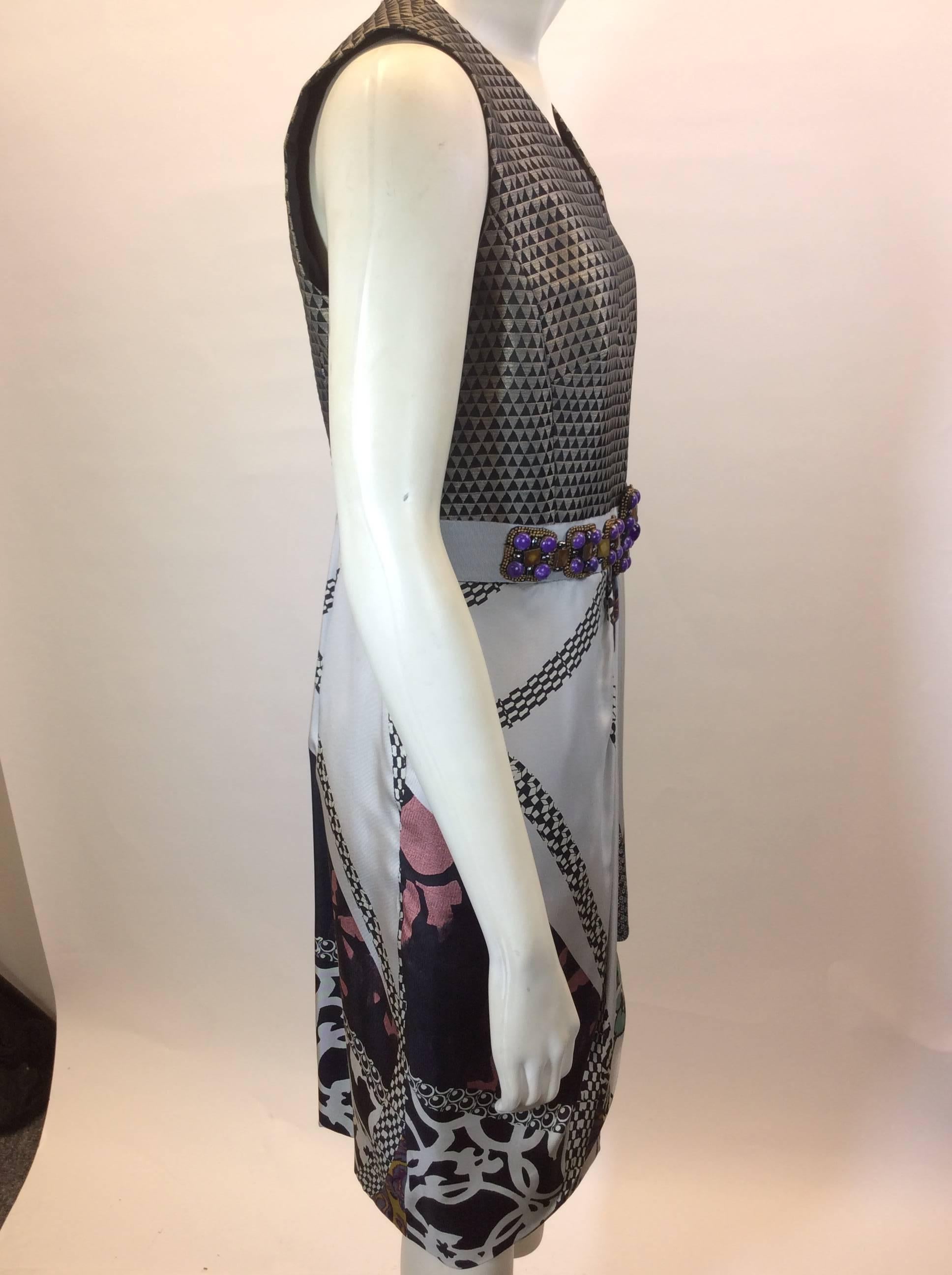 Gray Etro Printed Silk Dress with Beaded Waist Detail For Sale