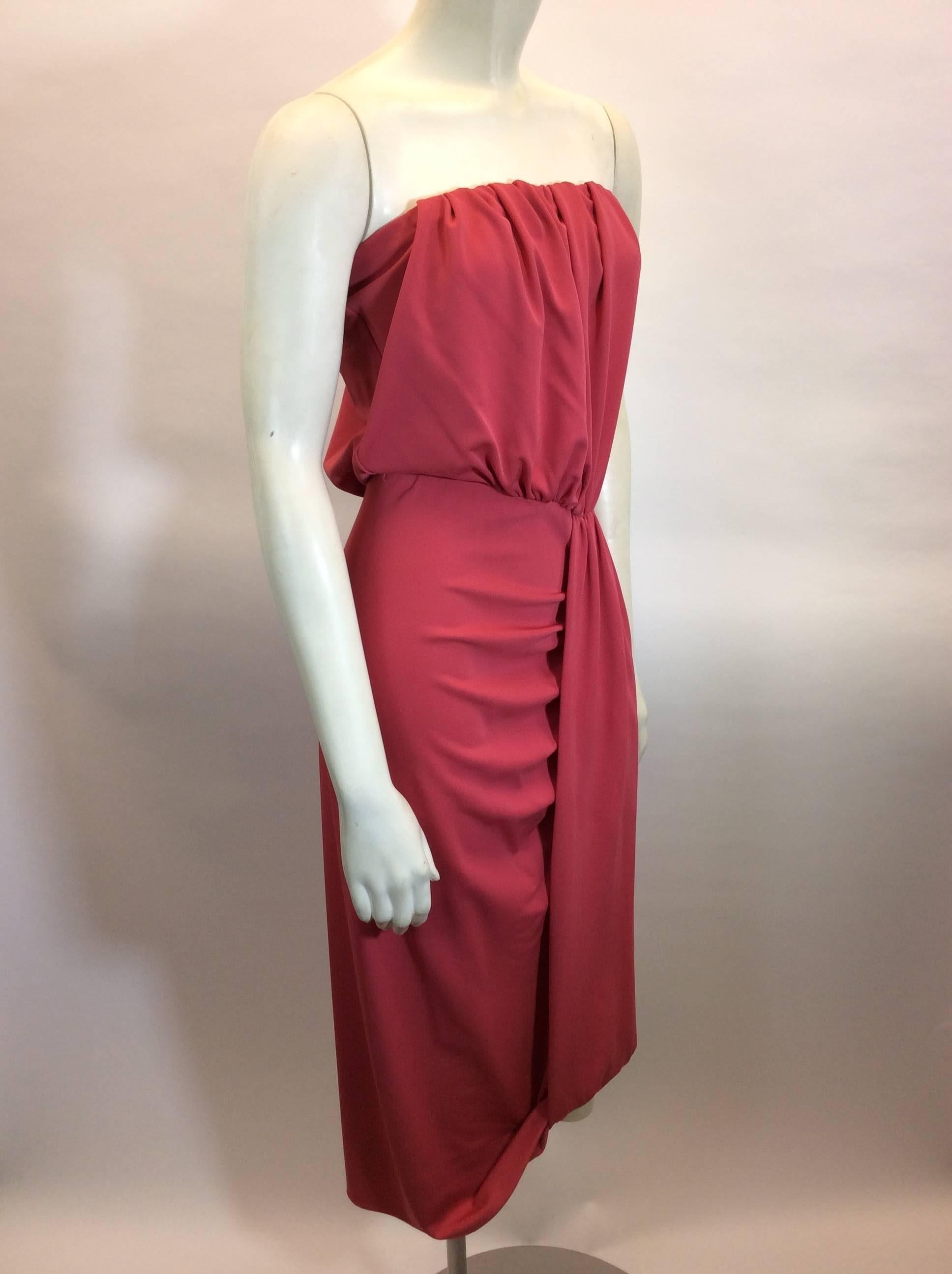 Red Prada Coral Draped Strapless Dress For Sale