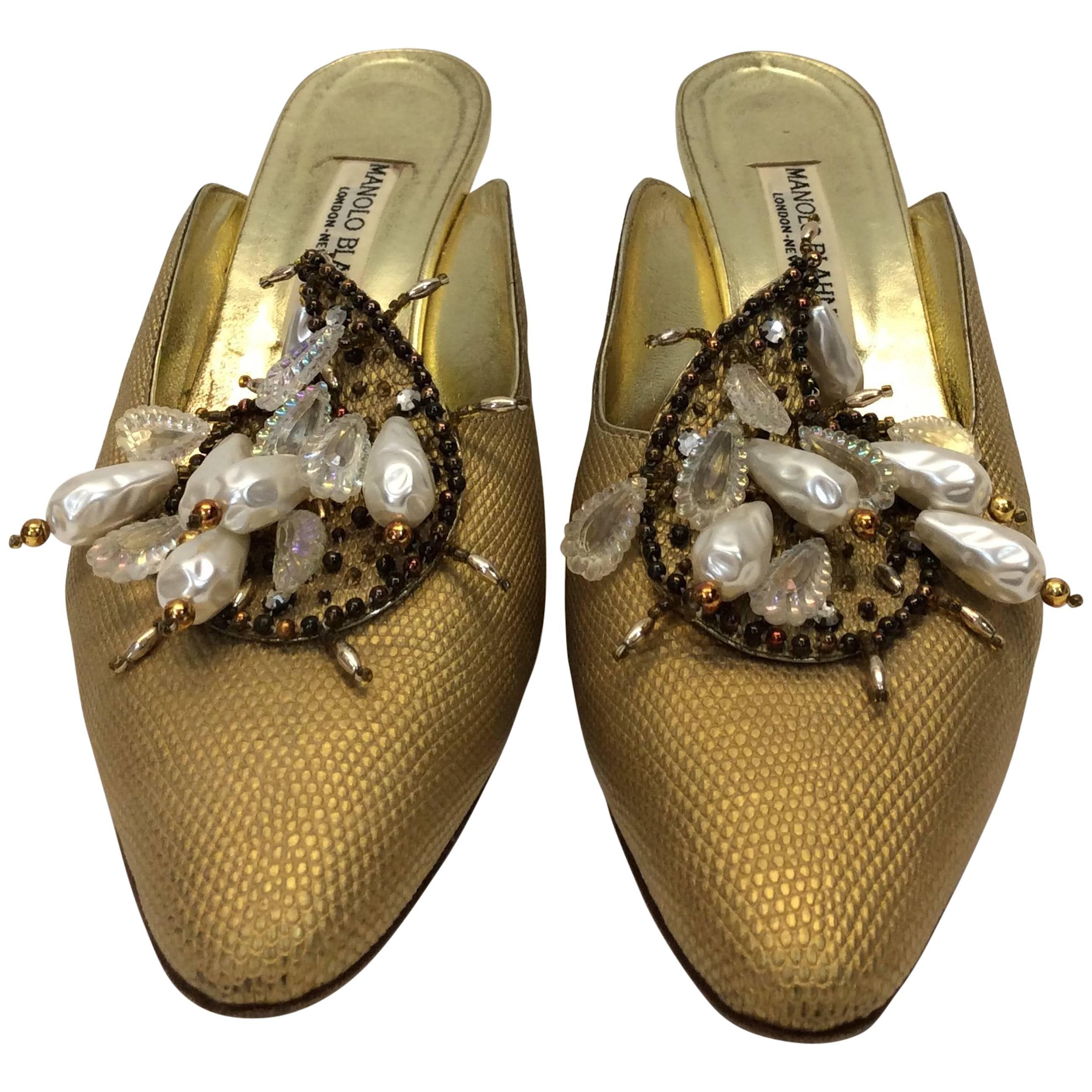 Manolo Blahnik Gold Slides With Pearl Detailing For Sale