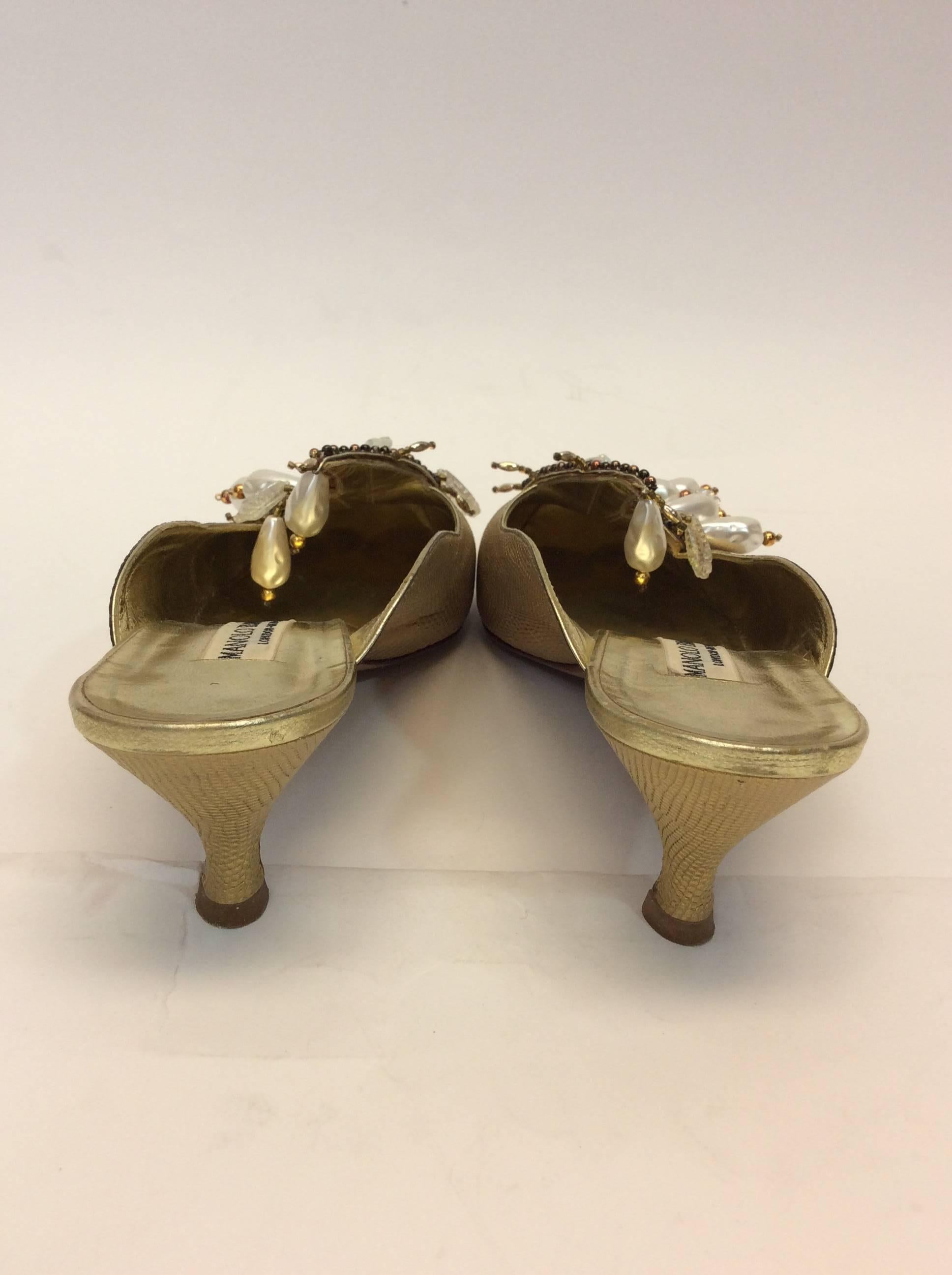 Brown Manolo Blahnik Gold Slides With Pearl Detailing For Sale