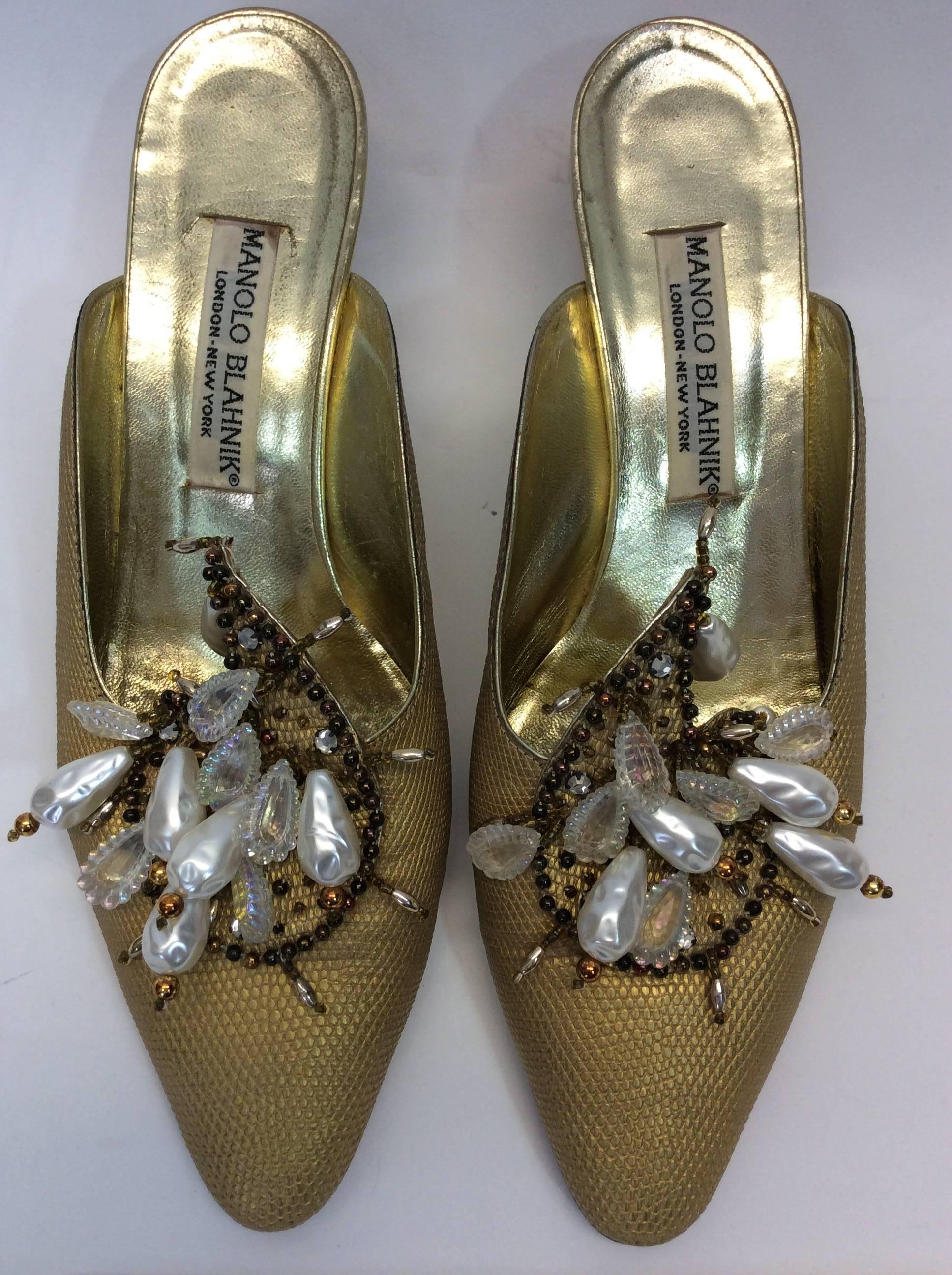 Manolo Blahnik Gold Slides With Pearl Detailing For Sale 1