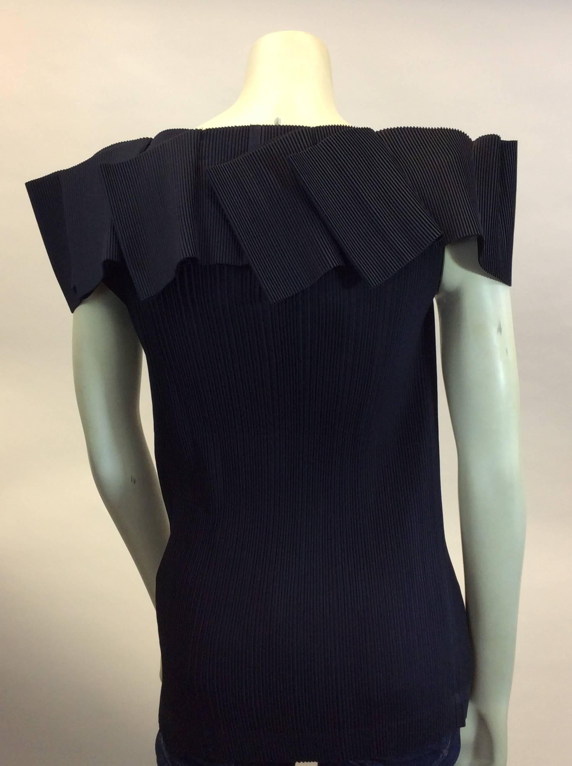 Issey Miyake Navy Pleated Off The Shoulder Top  For Sale 1