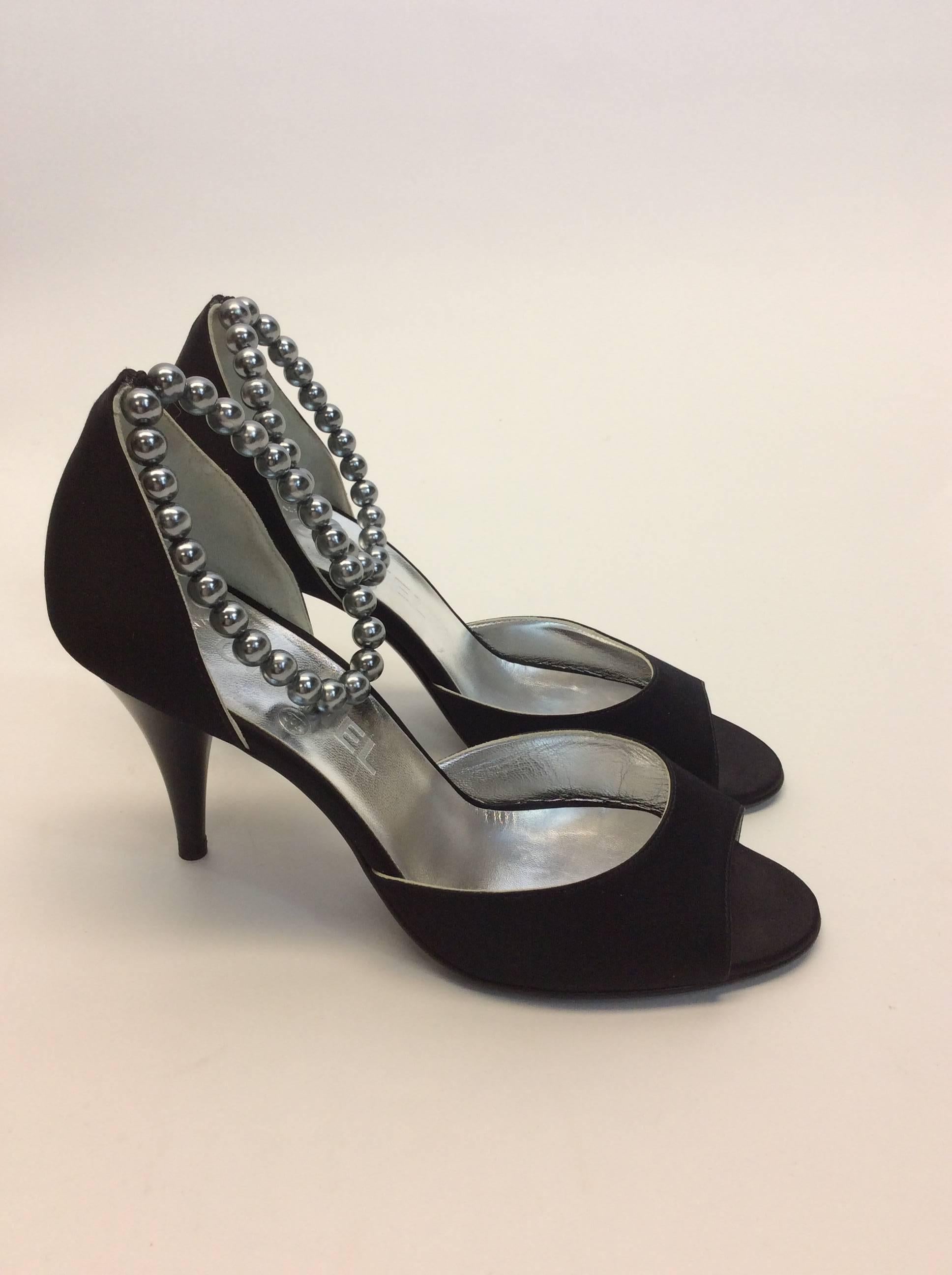 Women's Chanel Black Satin Peep Toe Pump With Pearl Ankle Strap For Sale