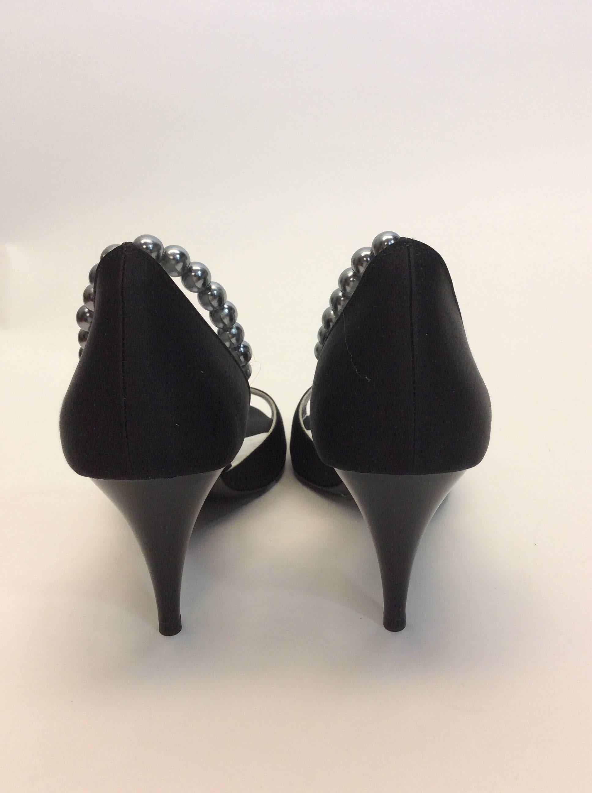 Chanel Black Satin Peep Toe Pump With Pearl Ankle Strap In Excellent Condition For Sale In Narberth, PA