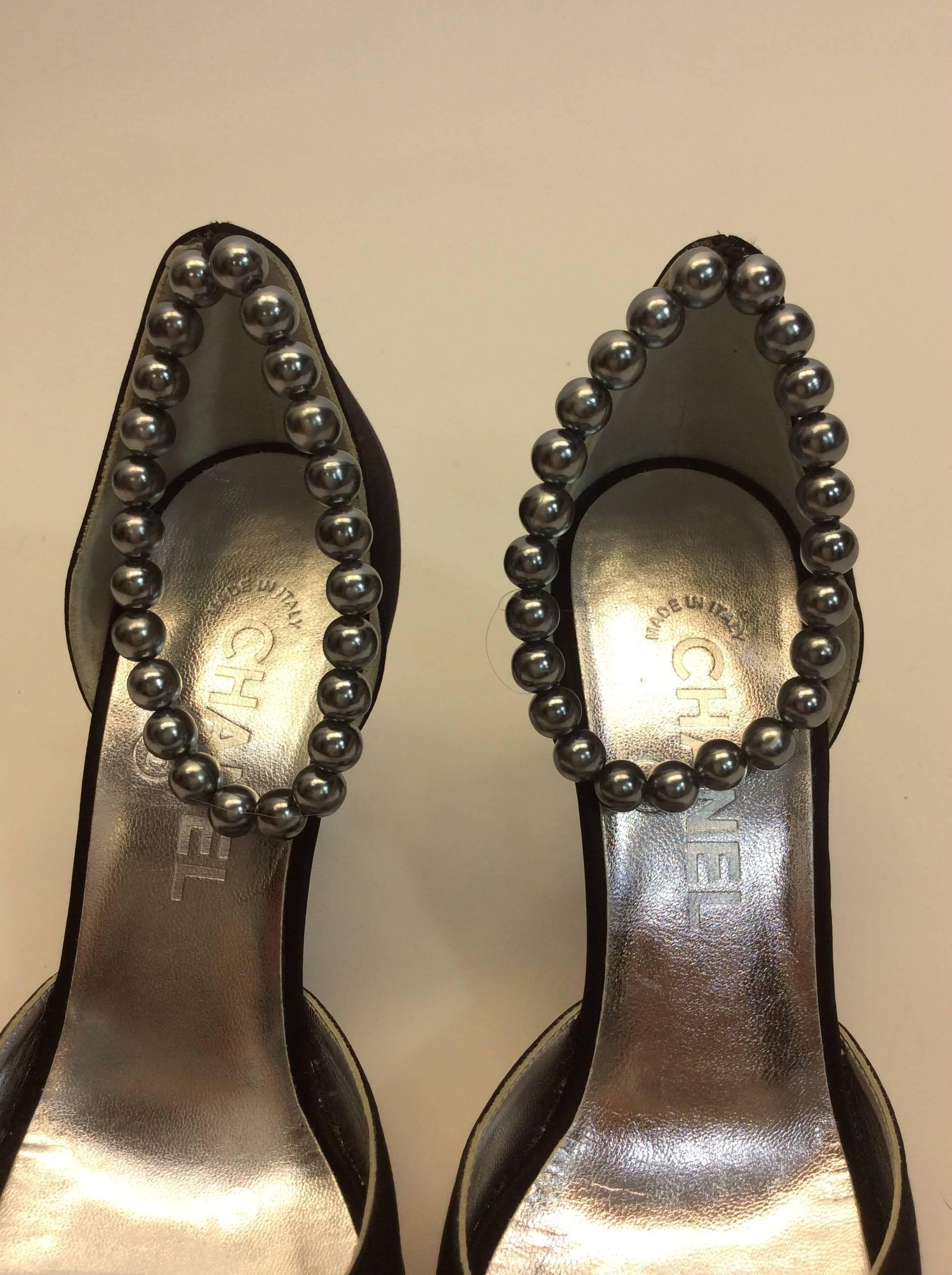 Chanel Black Satin Peep Toe Pump With Pearl Ankle Strap For Sale 2