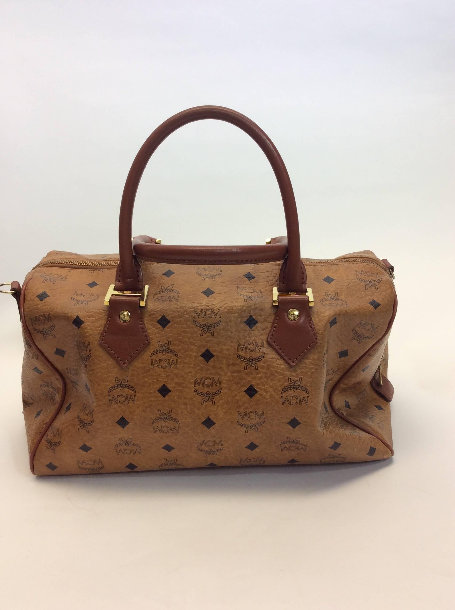 Brown MCM Cognac Logo Zipper Duffle Bag  For Sale
