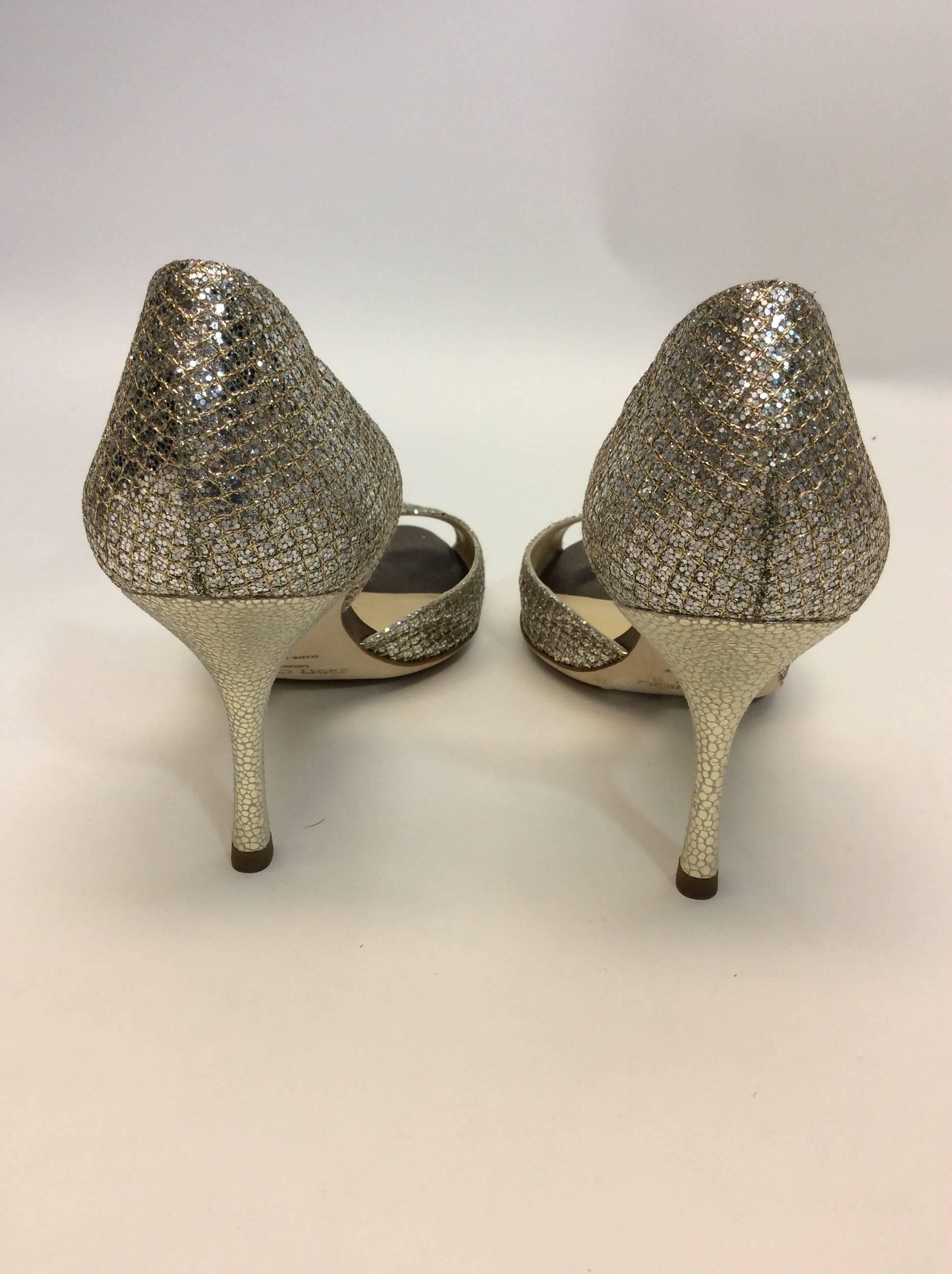 Jimmy Choo Sparkle Peep Toe Heels In Excellent Condition For Sale In Narberth, PA