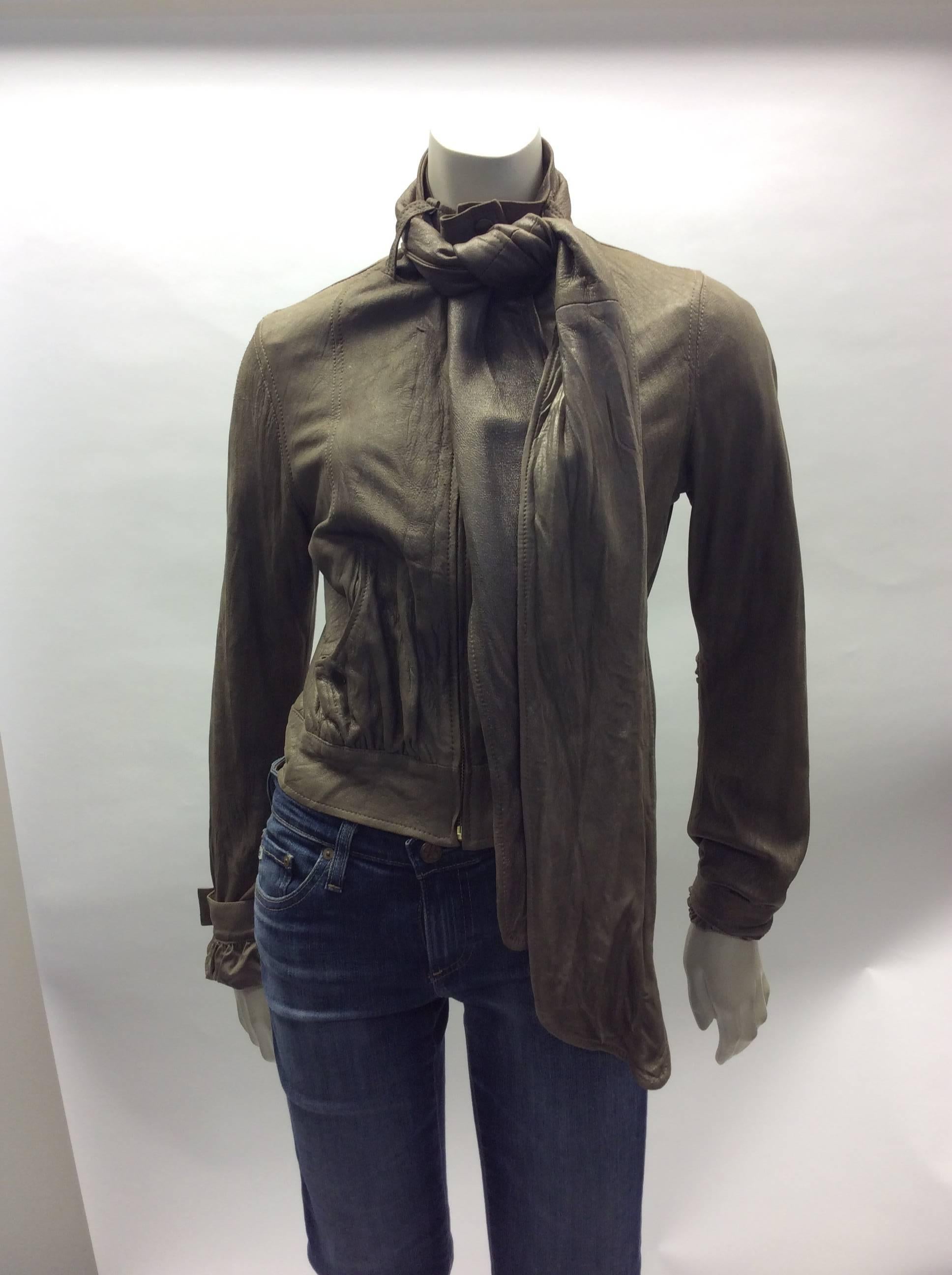 Brown Mike & Chris Taupe Leather Jacket With Neck Scarf For Sale
