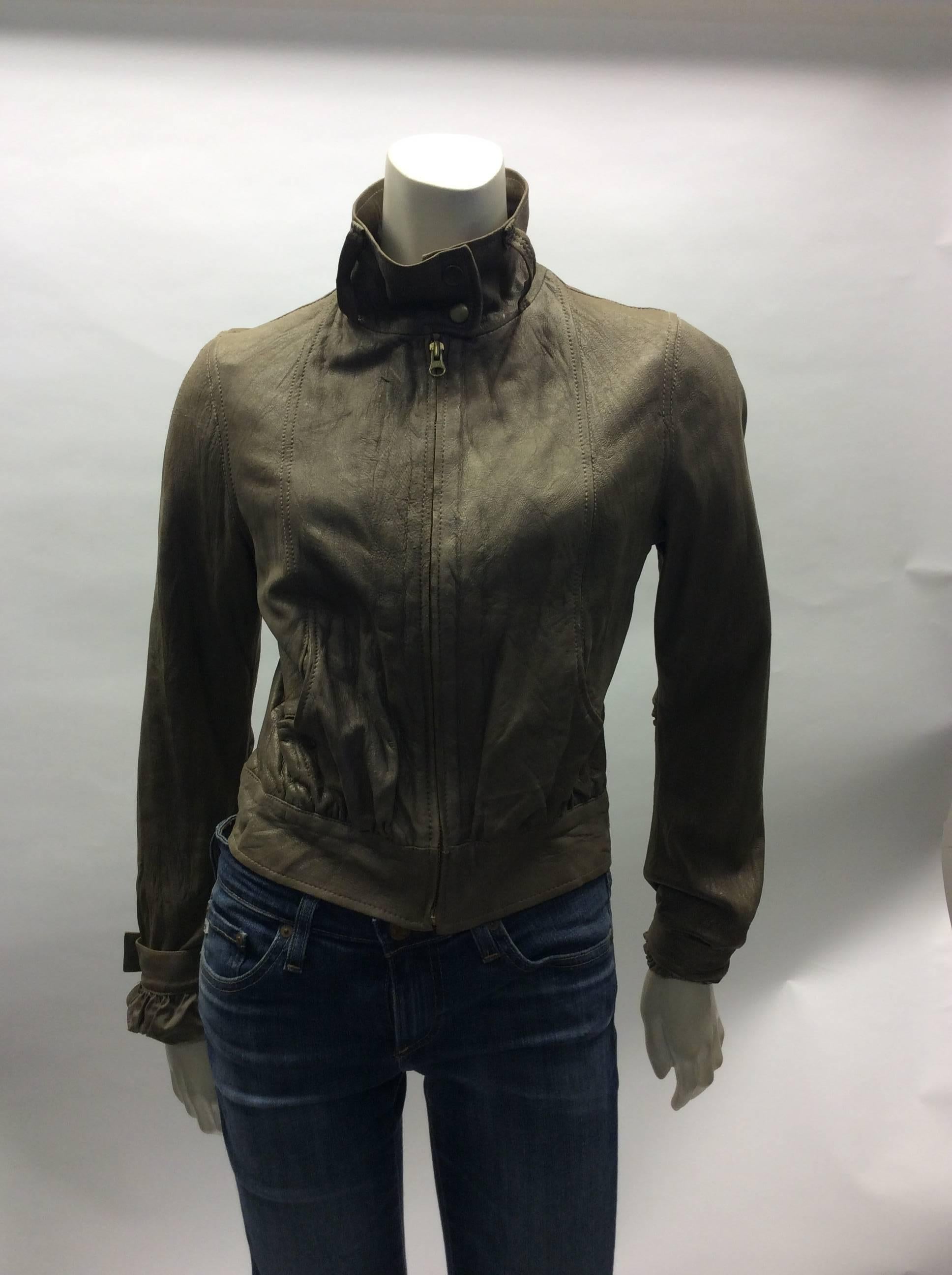 Mike & Chris Taupe Leather Jacket With Neck Scarf In Excellent Condition For Sale In Narberth, PA