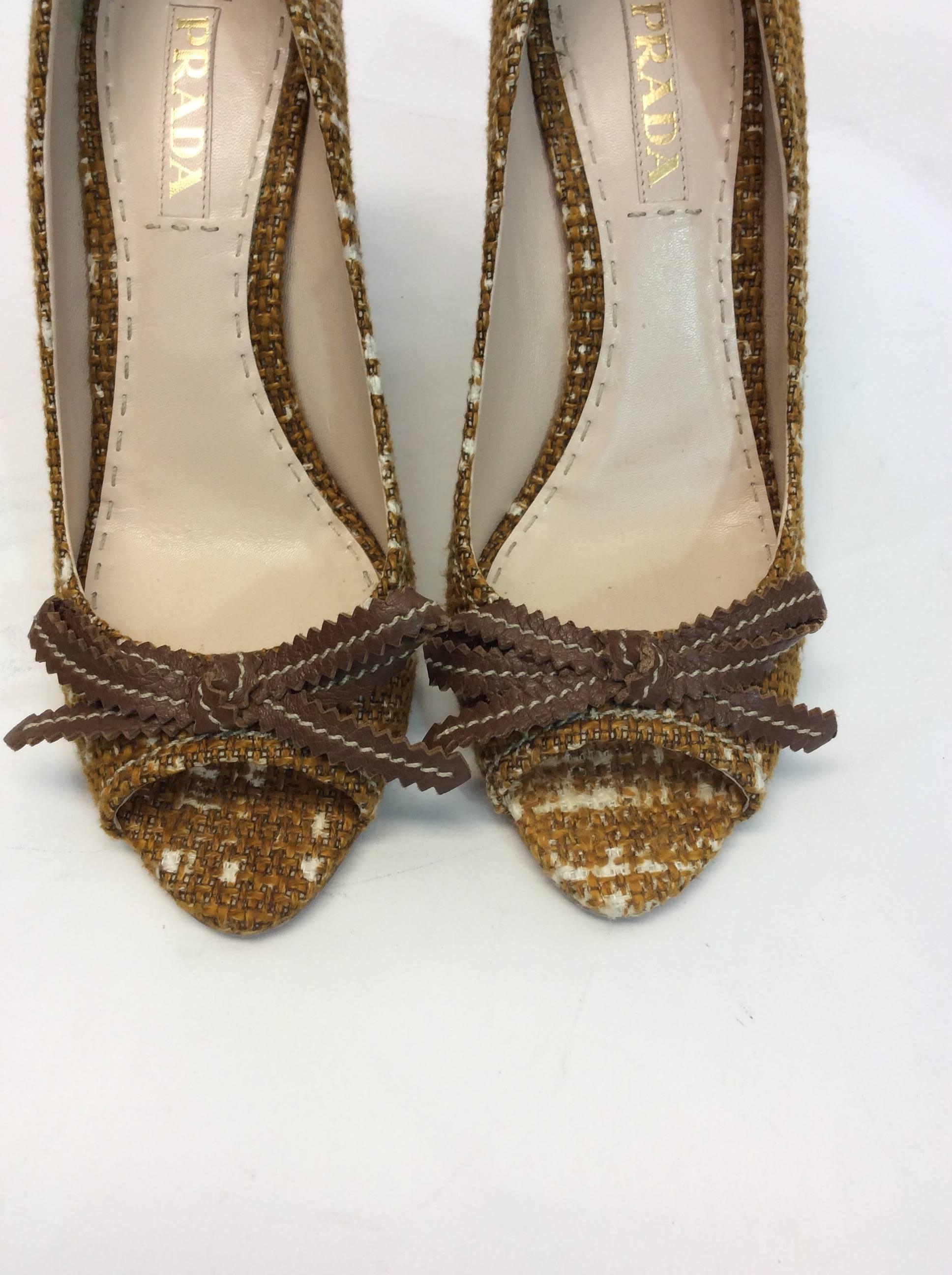 Brown Prada Tweed Peep Toe Wedge For Sale