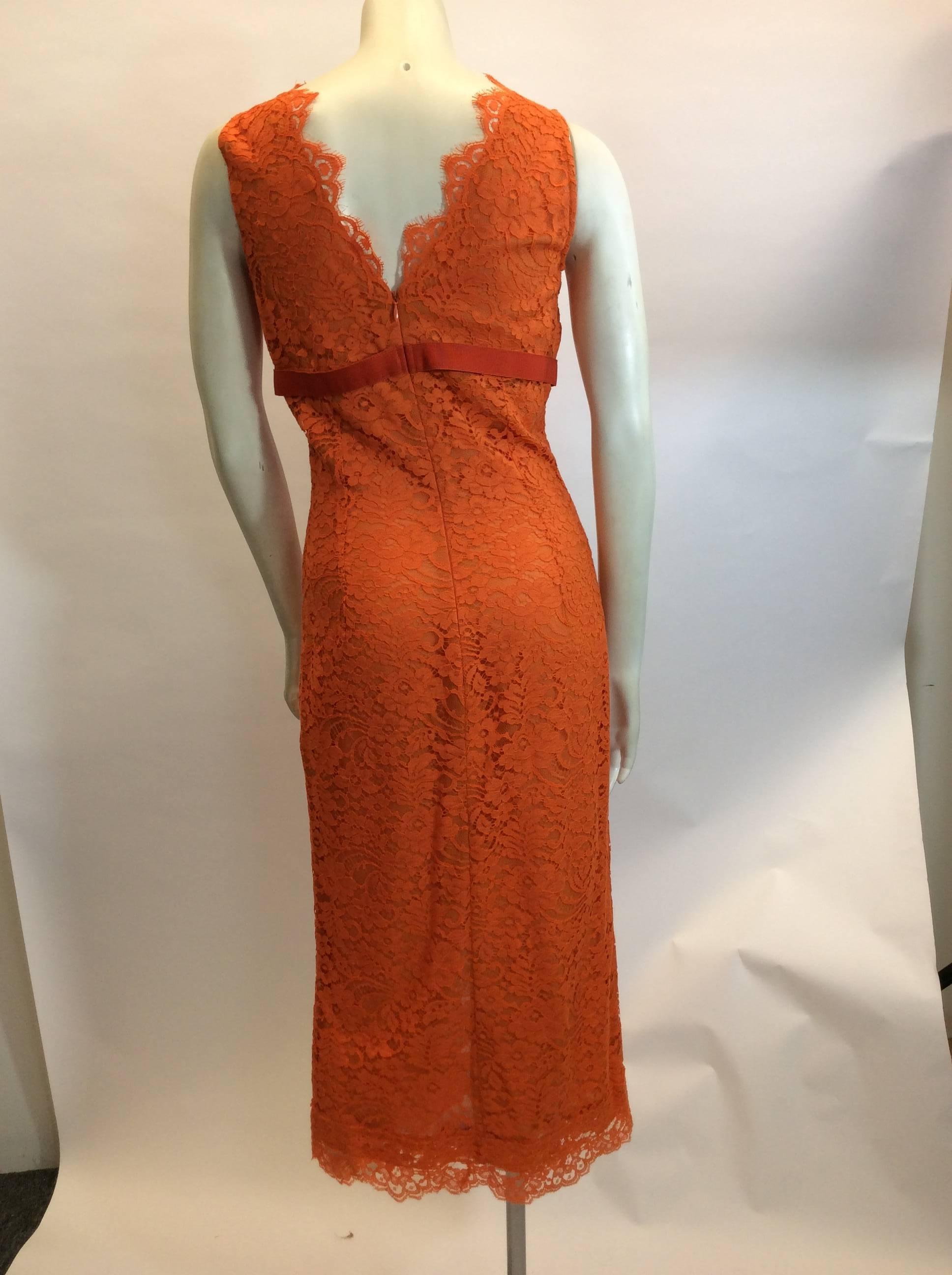 Red Dolce & Gabanna Lace Orange V Neck Dress  For Sale