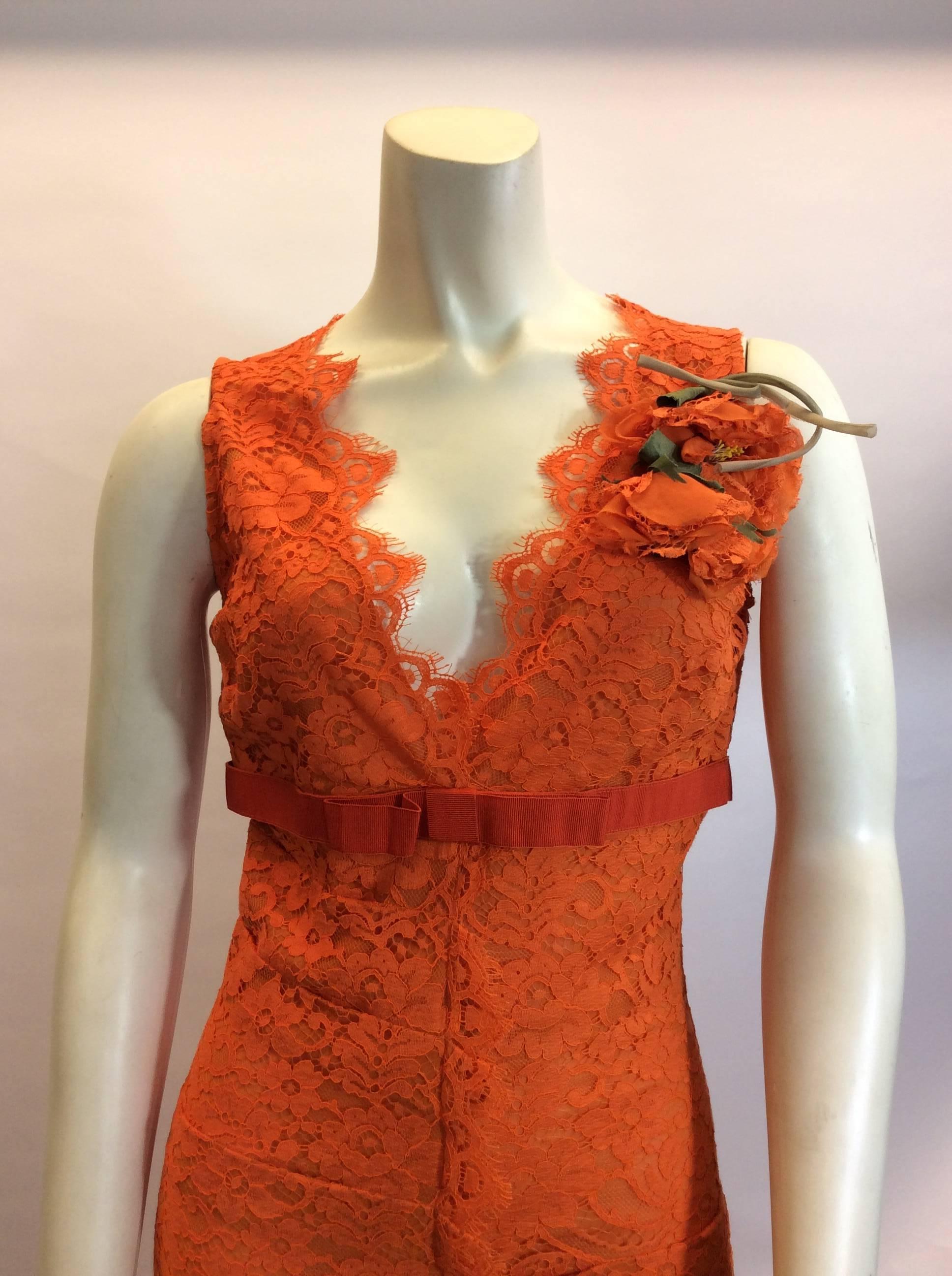 Dolce & Gabanna Lace Orange V Neck Dress  For Sale 1