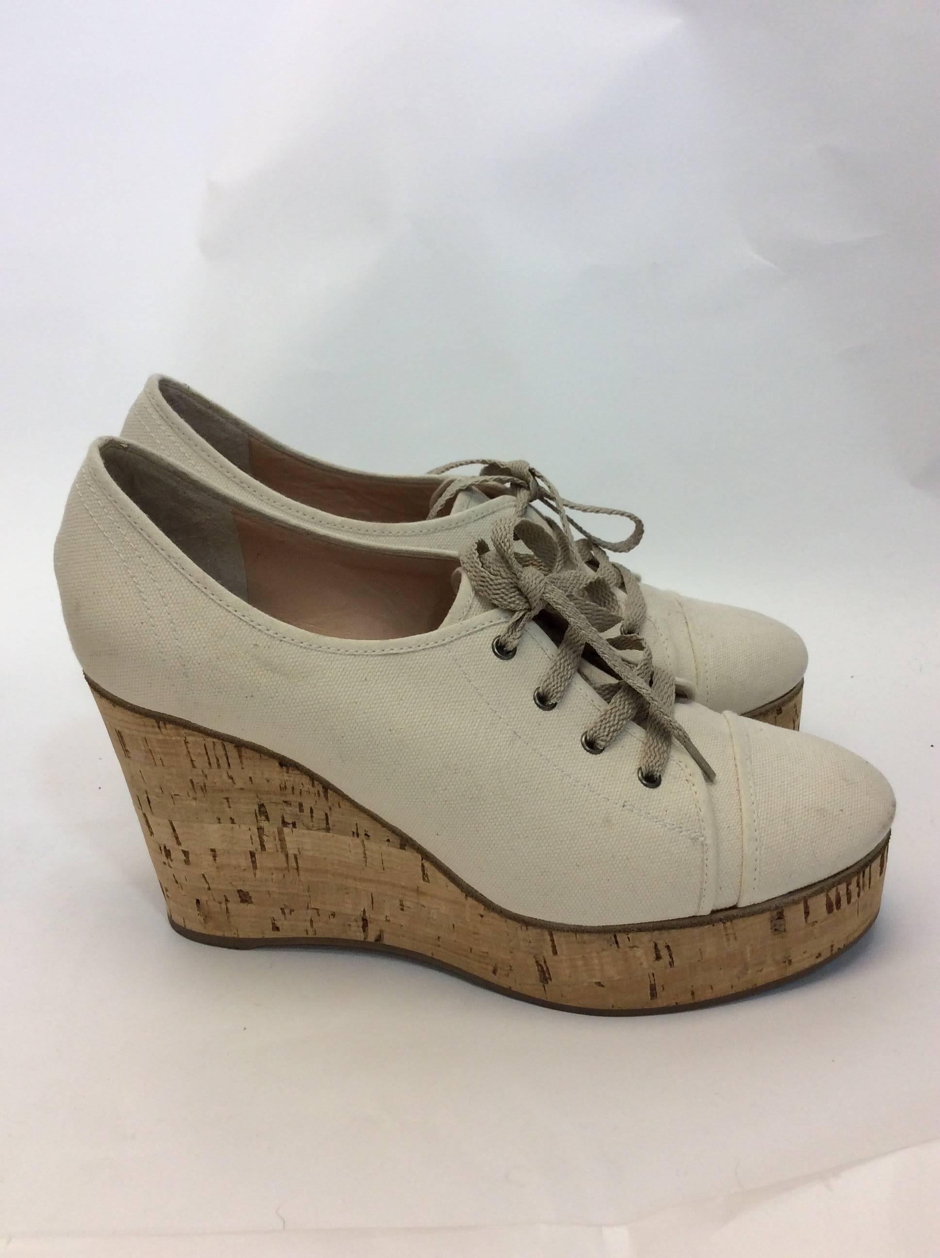 Chloe Cream Canvas Lace Up Wedge In Excellent Condition For Sale In Narberth, PA