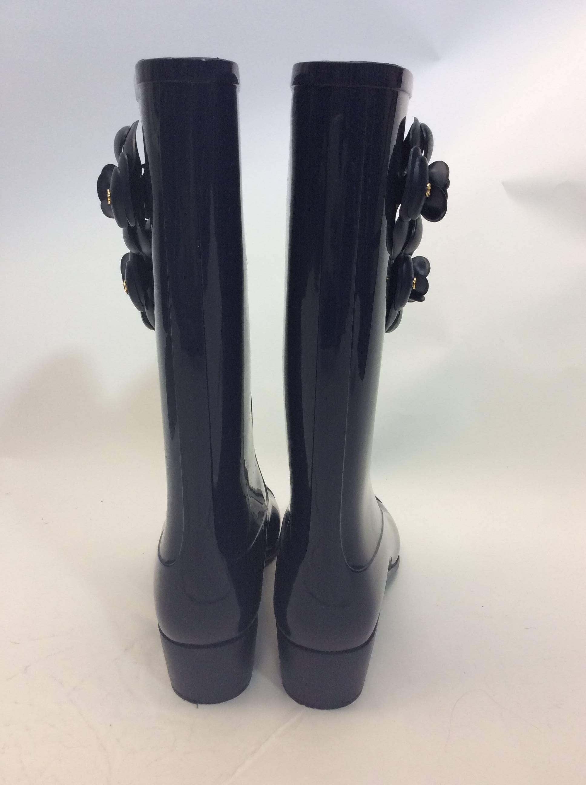 Chanel Navy Rubber Rain Boot For Sale at 1stDibs