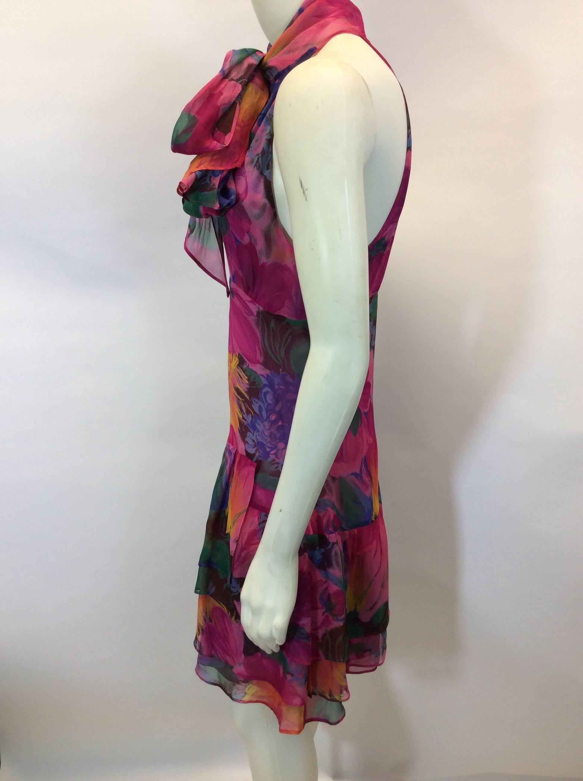 Brown Dolce & Gabanna Floral Chiffon Ruffle Dress with Scarf For Sale