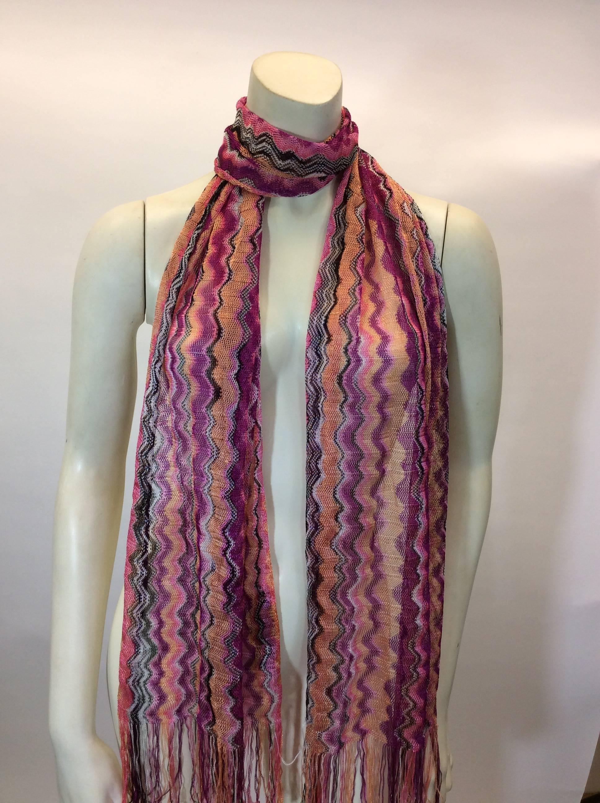 Missoni Pink Chevron Knitted Scarf with Fringe In Excellent Condition For Sale In Narberth, PA