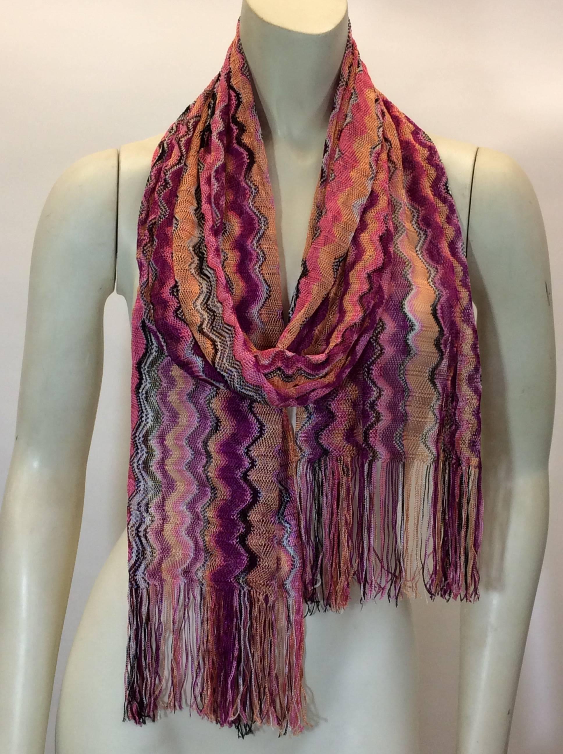 Brown Missoni Pink Chevron Knitted Scarf with Fringe For Sale