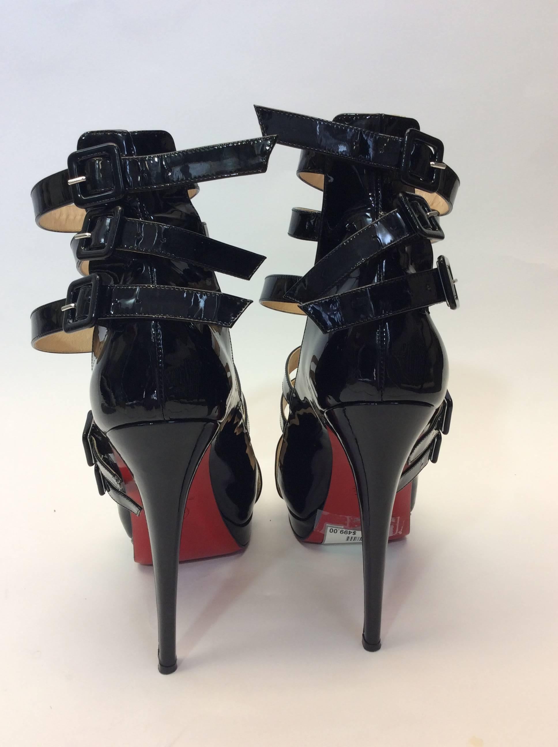 Christian Louboutin Patent Leather Platform Strappy Stilettos In Excellent Condition For Sale In Narberth, PA