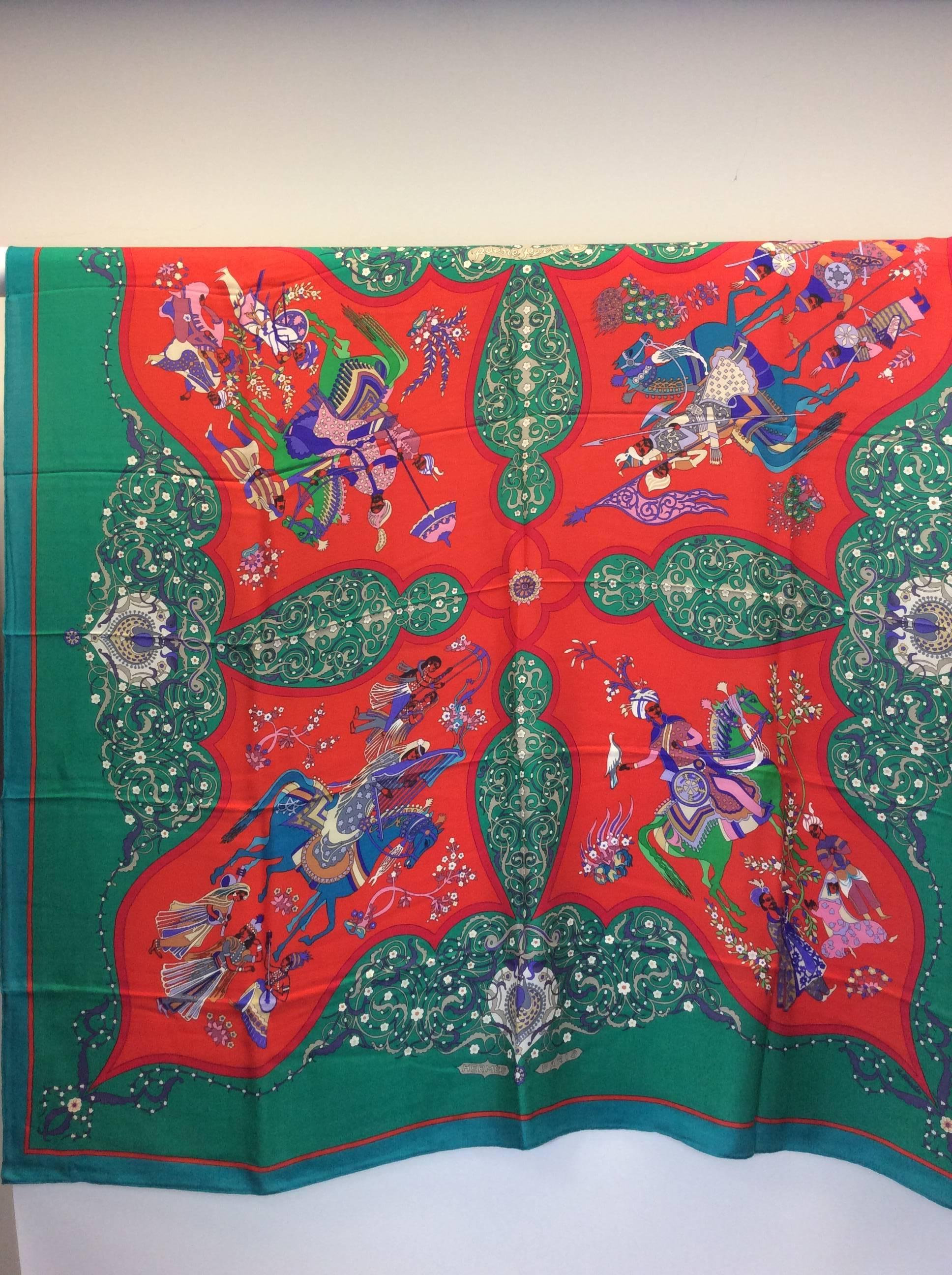 Hermes Red And Bright Green Printed Scarf For Sale 2