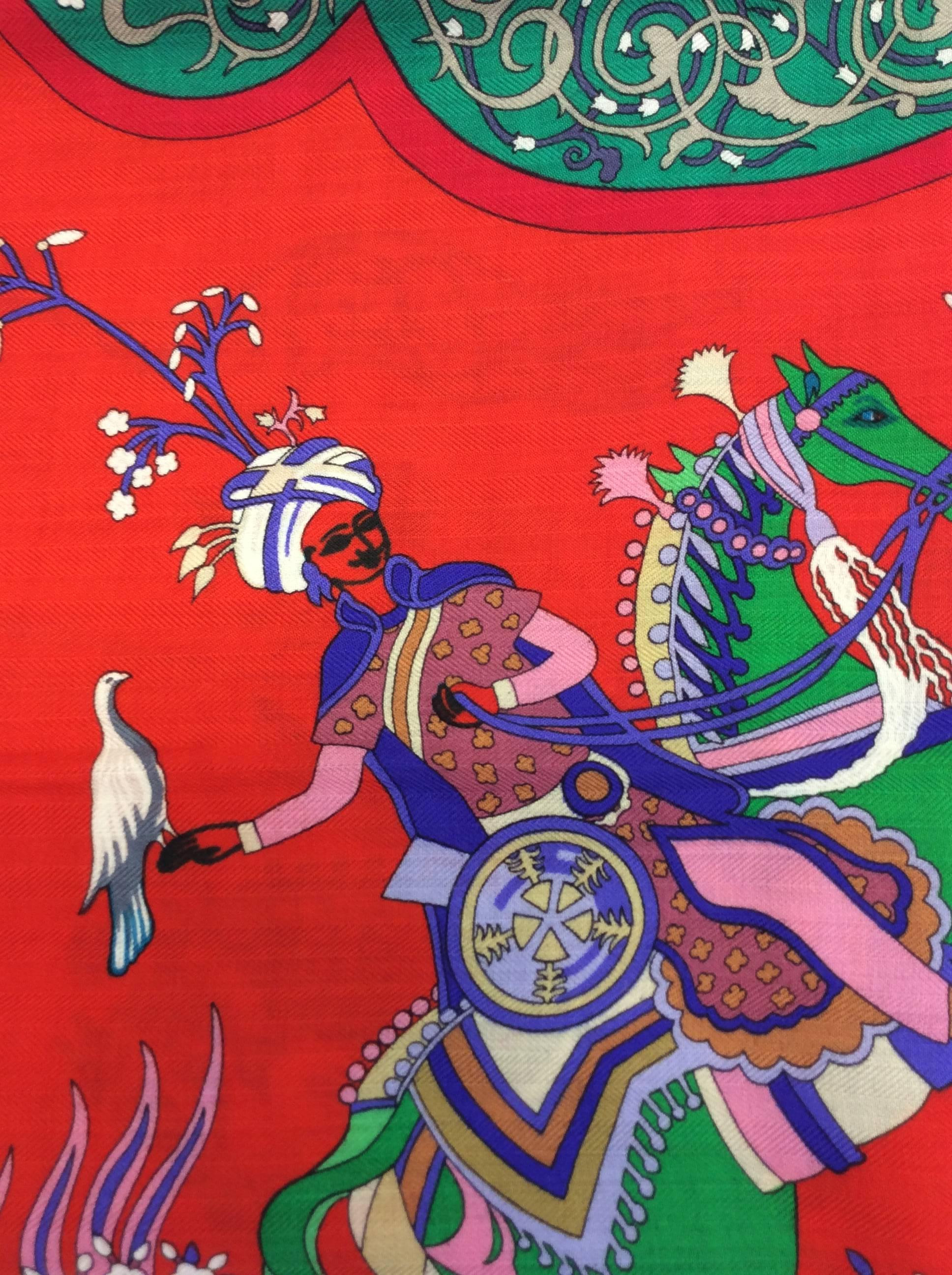 Hermes Red And Bright Green Printed Scarf In Excellent Condition For Sale In Narberth, PA