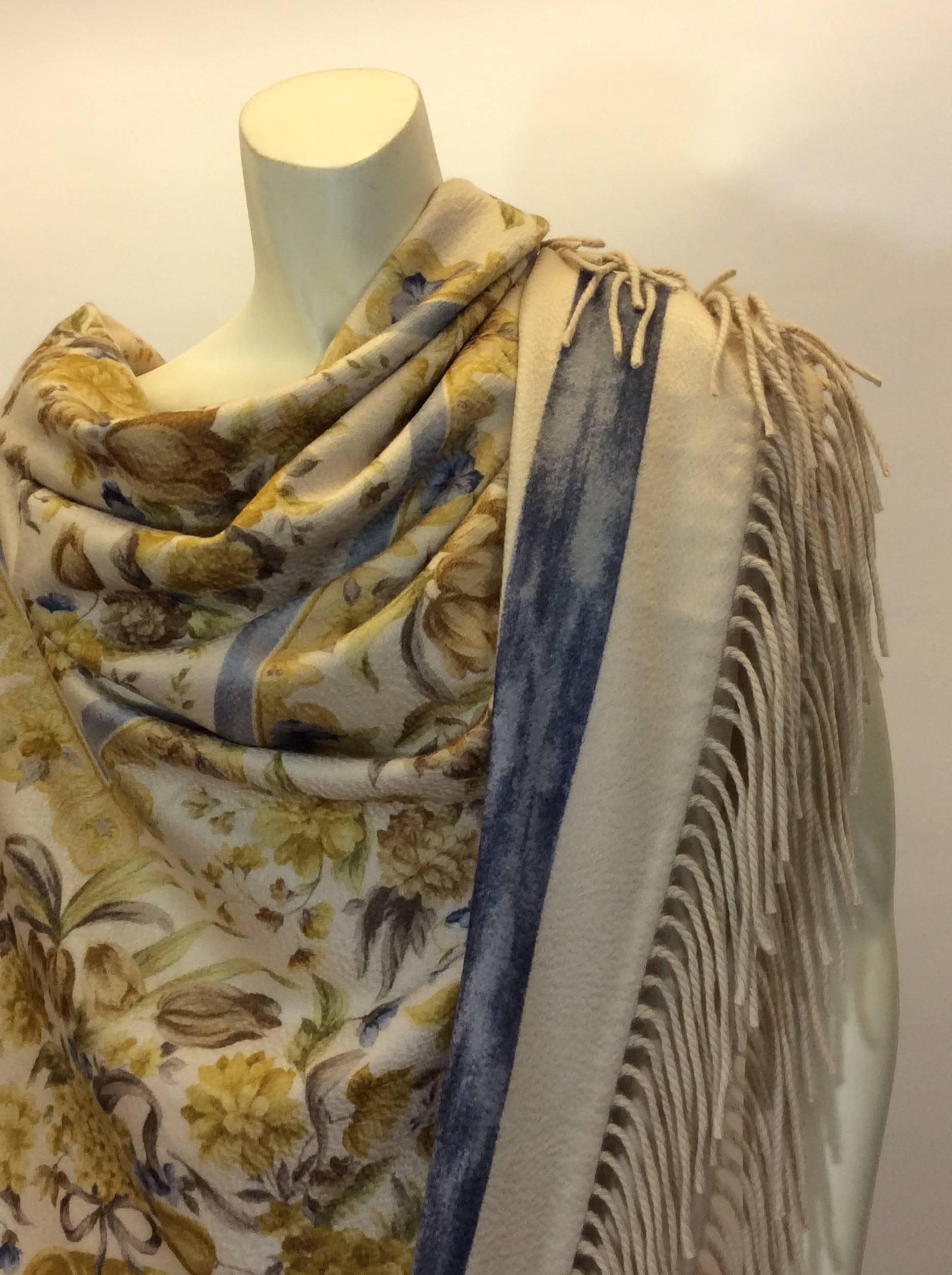 Loro Piana NWT Cream Floral Printed Cashmere Shawl
Style name: Scialle Savonnerie
FAB0879-T378
Made in Italy
100% Cashmere
Cream shawl with blue and yellow floral design
Fringe trim
60 inches in length, 57 inches wide
NWT original price: 2,150 Our