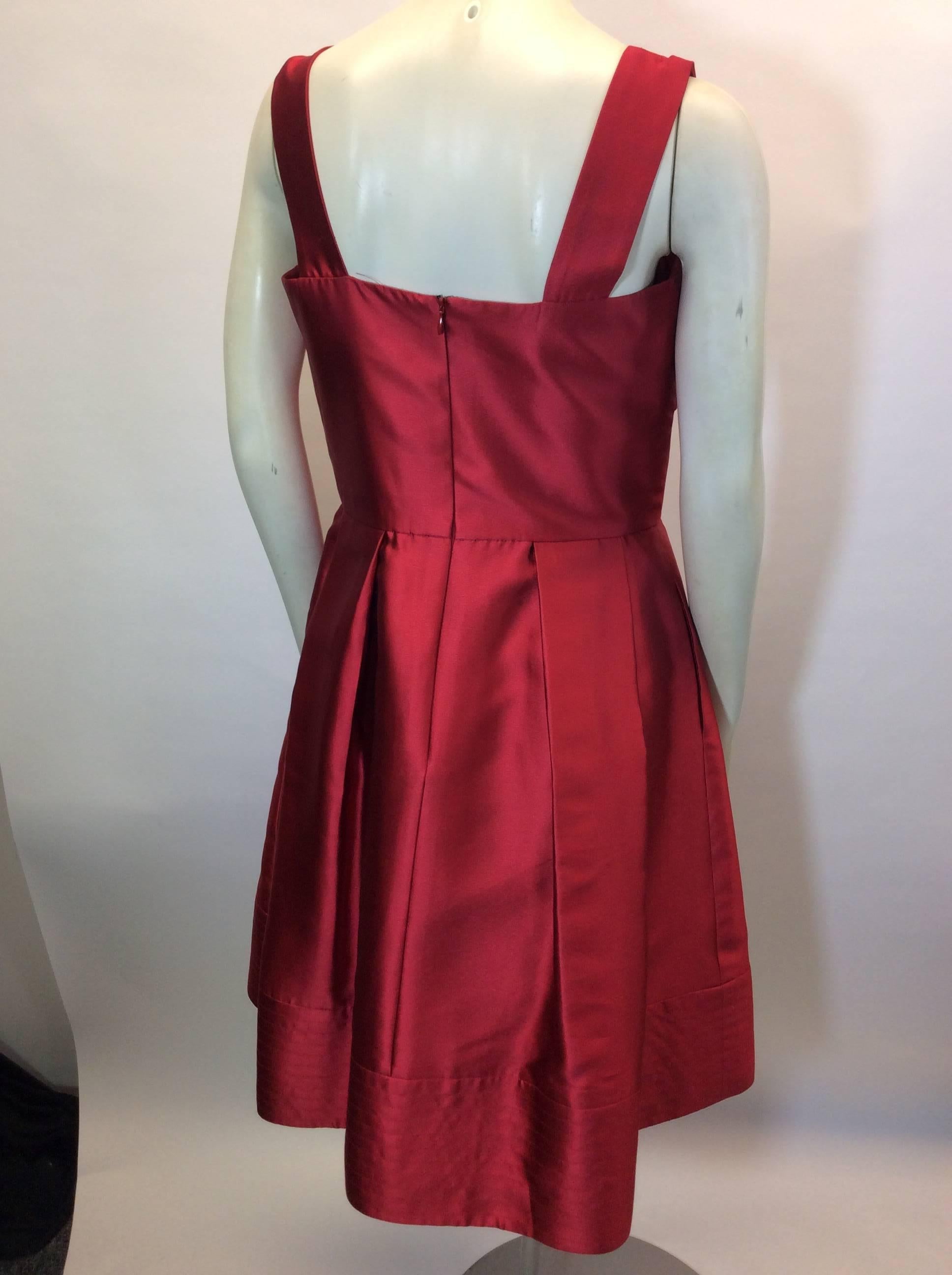 Women's Oscar De La Renta Red Satin Bow Dress with Pleated Skirt For Sale