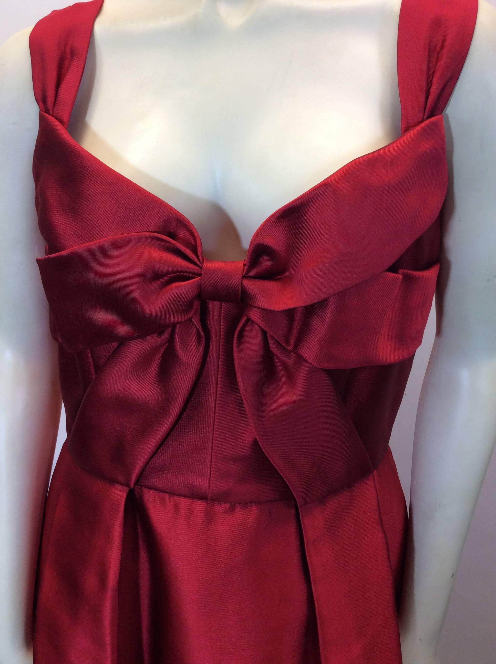 Oscar De La Renta Red Satin Bow Dress with Pleated Skirt For Sale 1