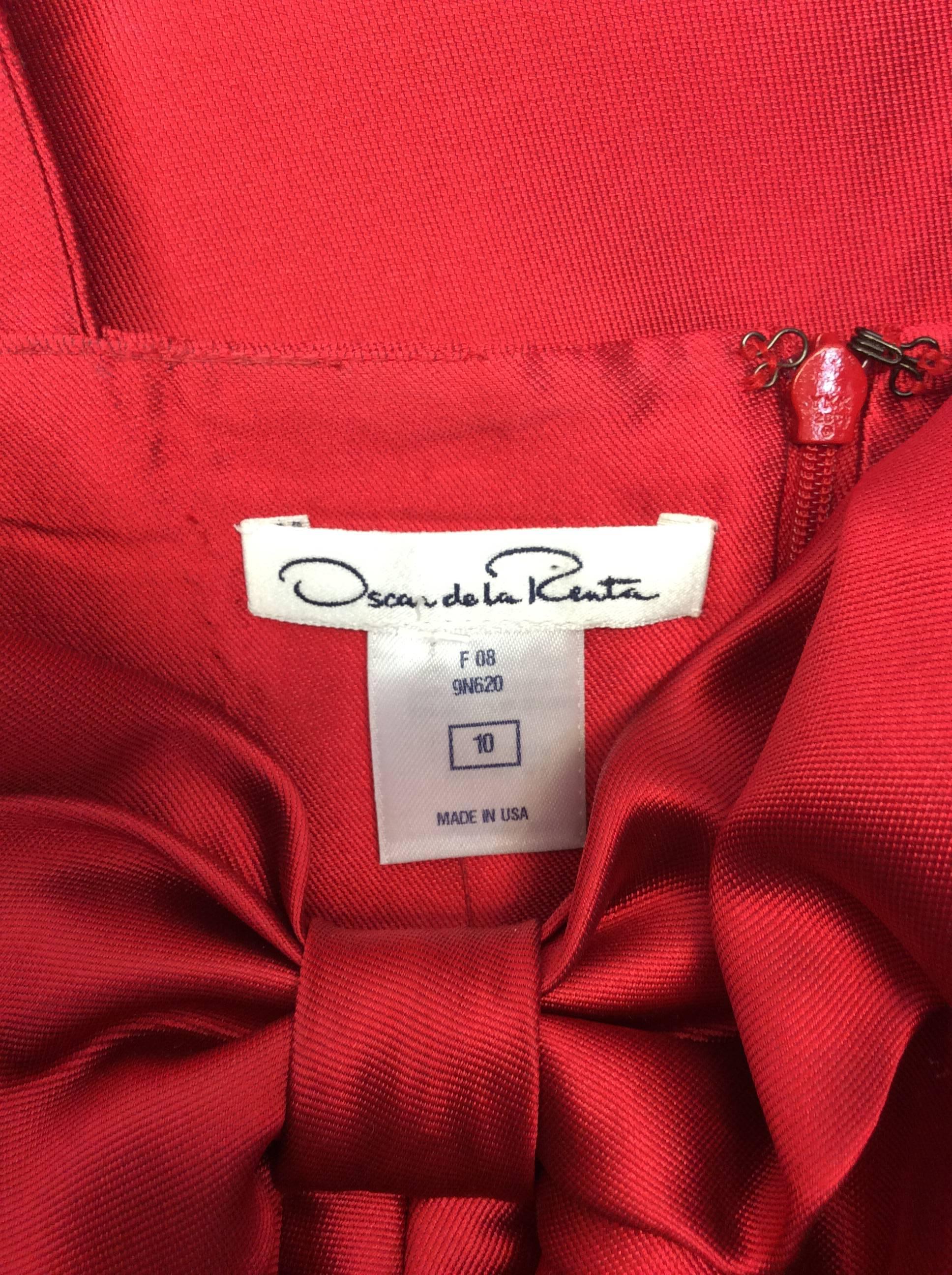 Oscar De La Renta Red Satin Bow Dress with Pleated Skirt For Sale 2