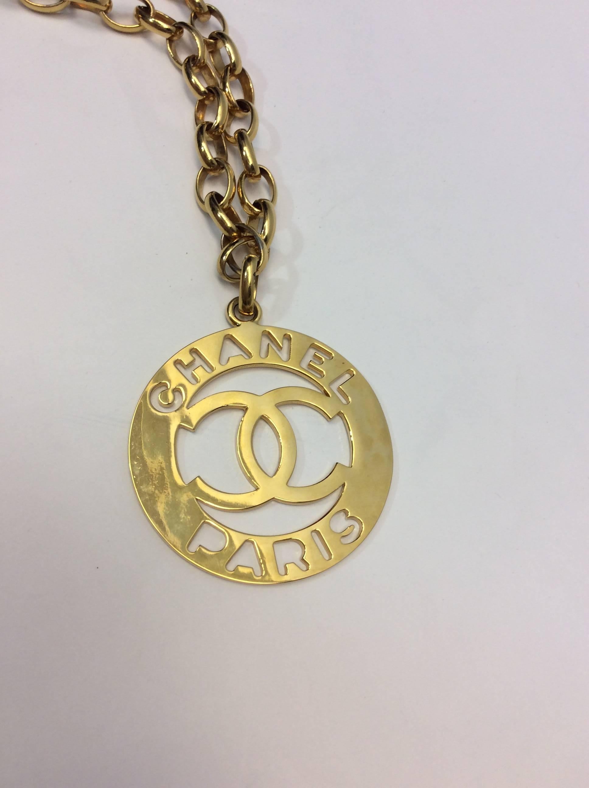 Chanel Gold Plated Logo Medallion Necklace In Excellent Condition For Sale In Narberth, PA