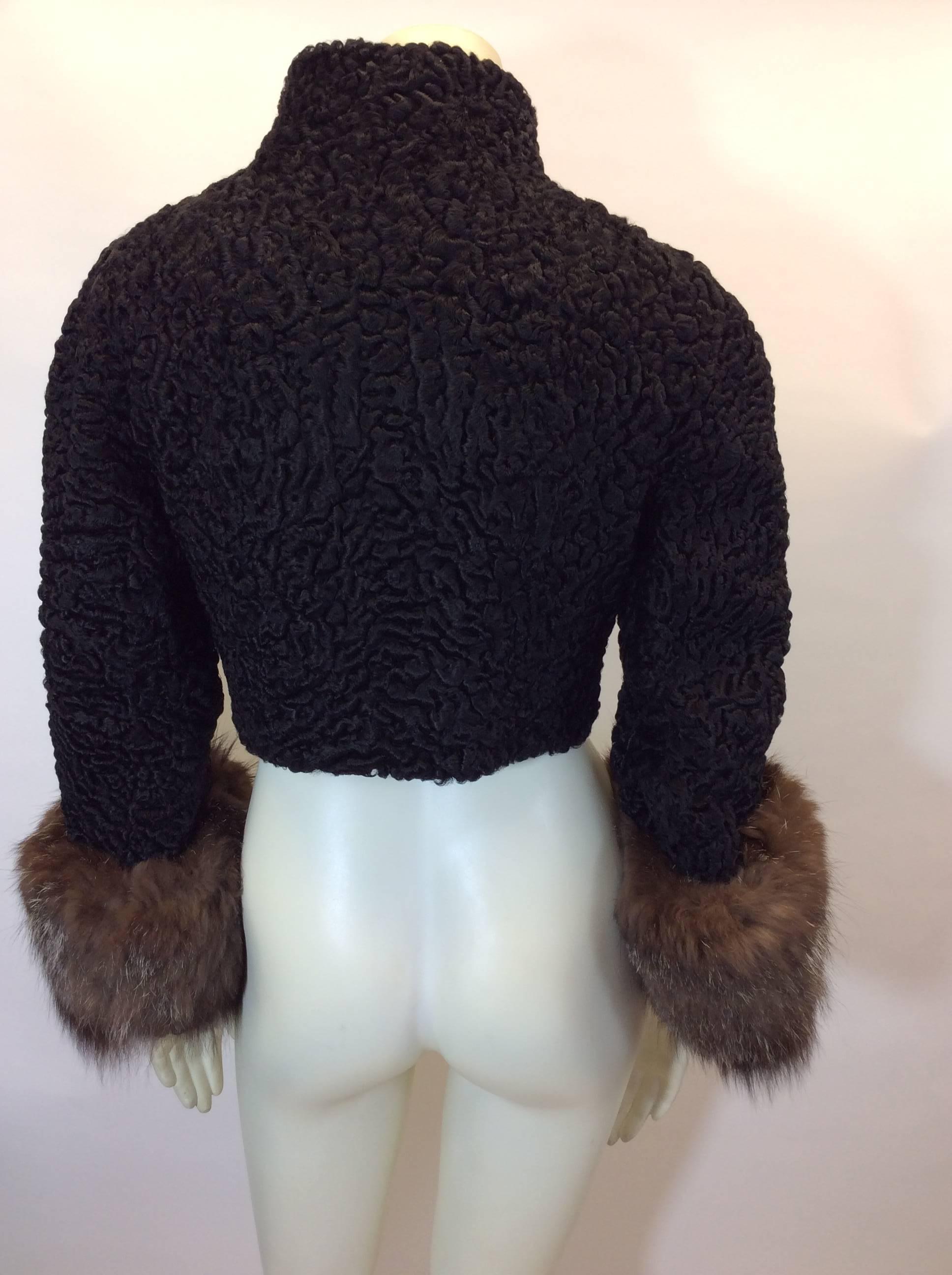 Women's Vintage Black Cropped Textured Jacket with Furry Pouf Cuffs For Sale