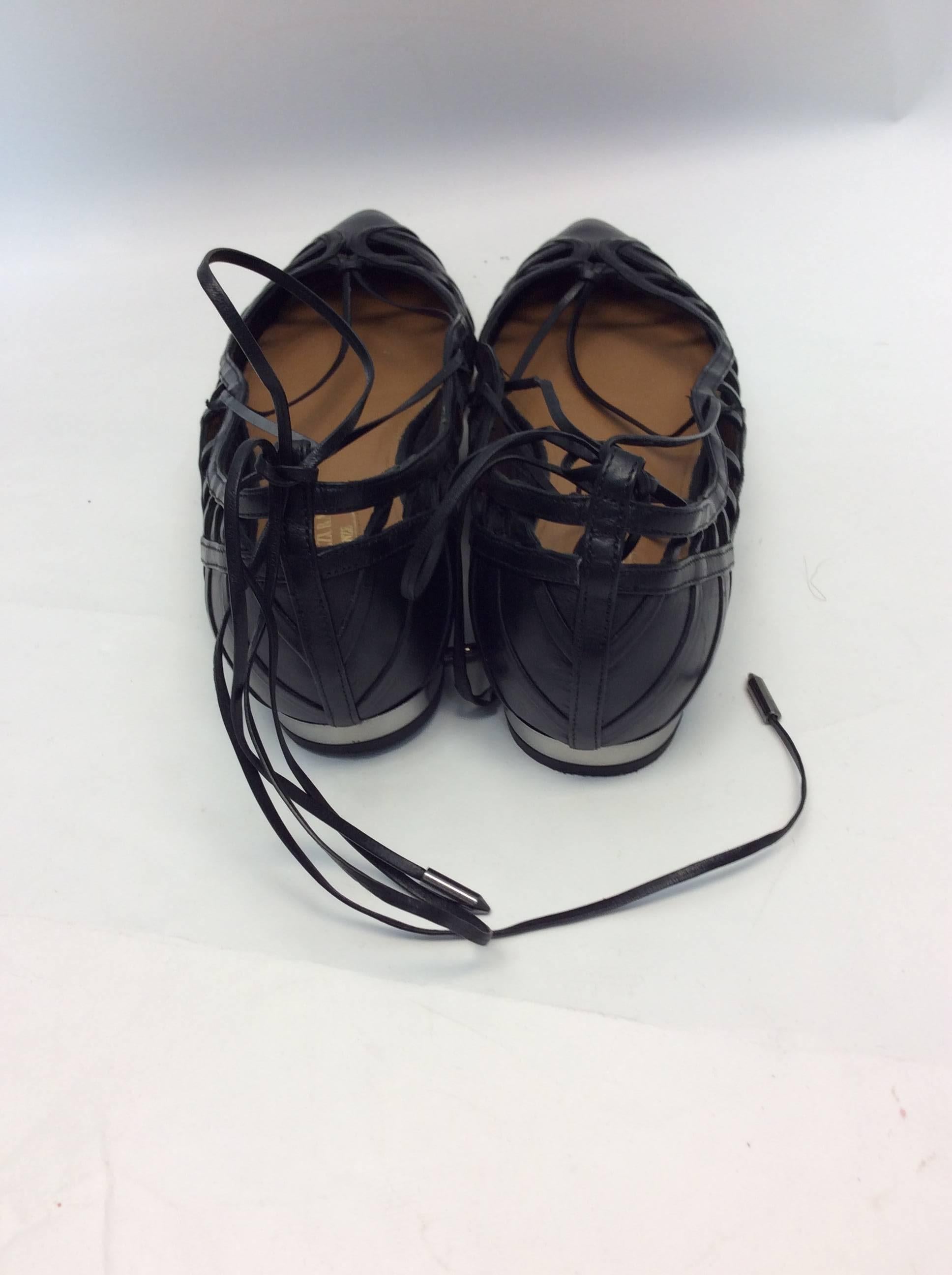 Aquazzura Black Leather Lace Up Flats In Excellent Condition For Sale In Narberth, PA