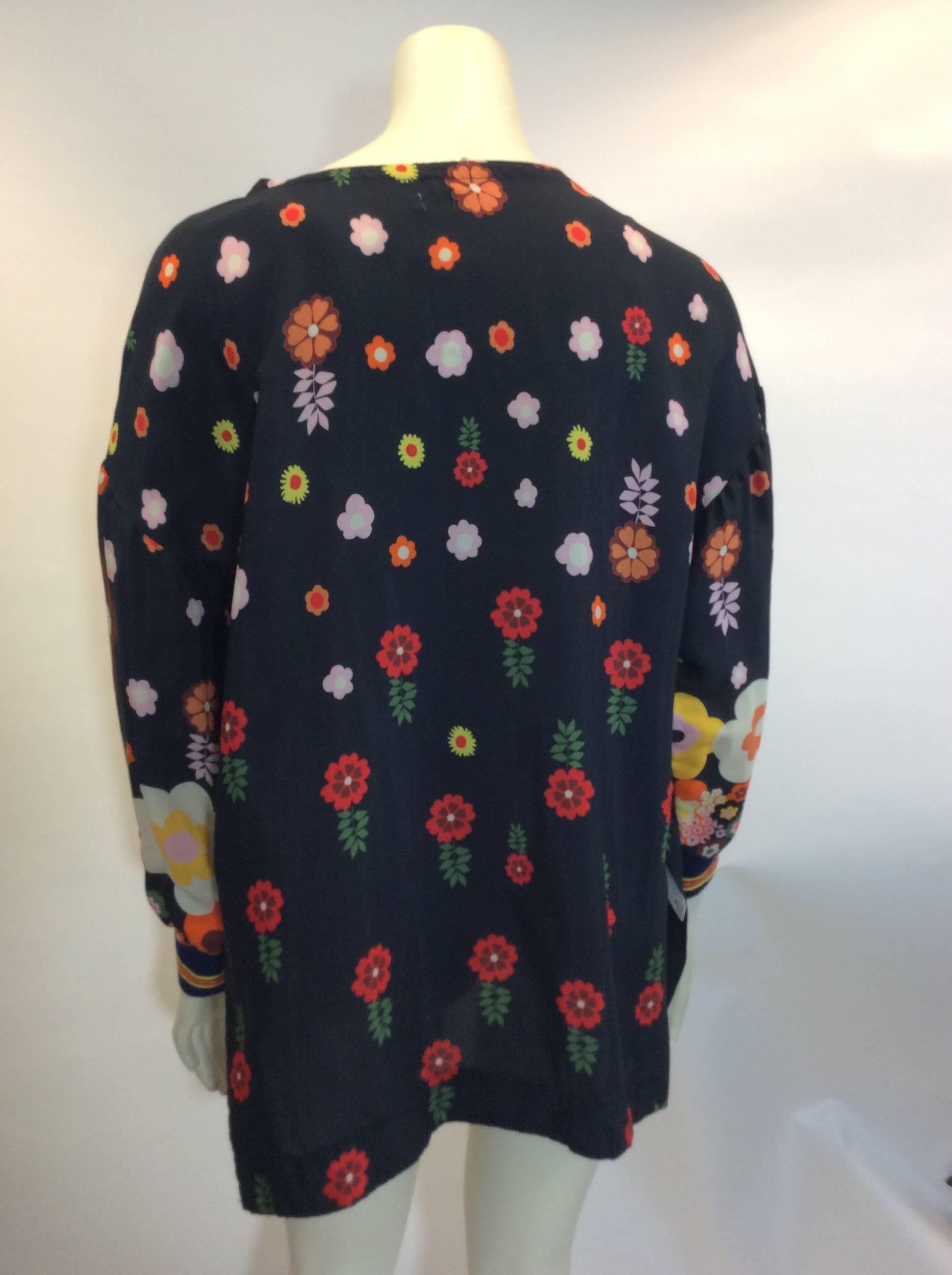 Black Warm Floral Printed Long Sleeve Blouse For Sale