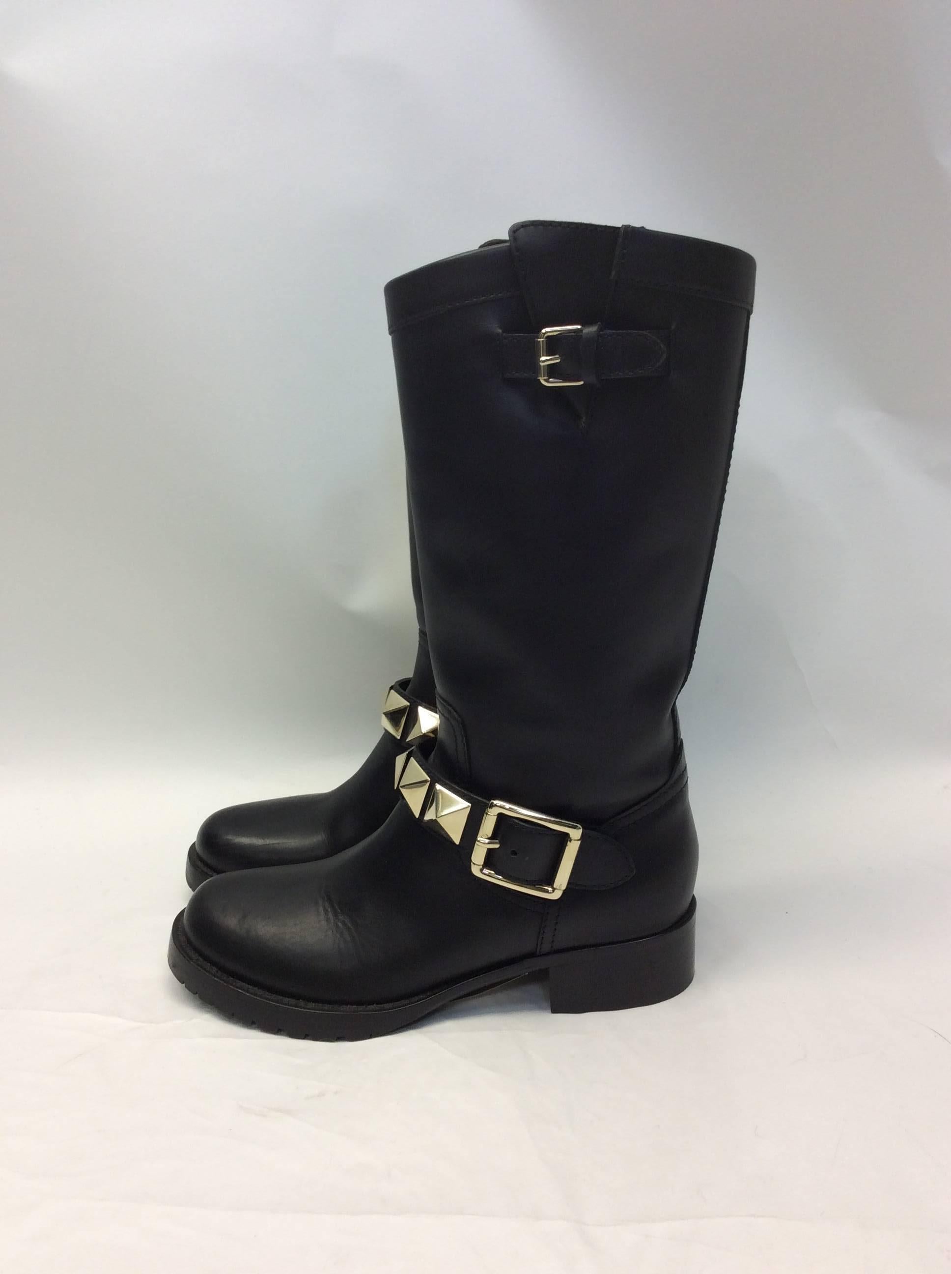 Black Valentino Leather Moto Studded Boots For Sale