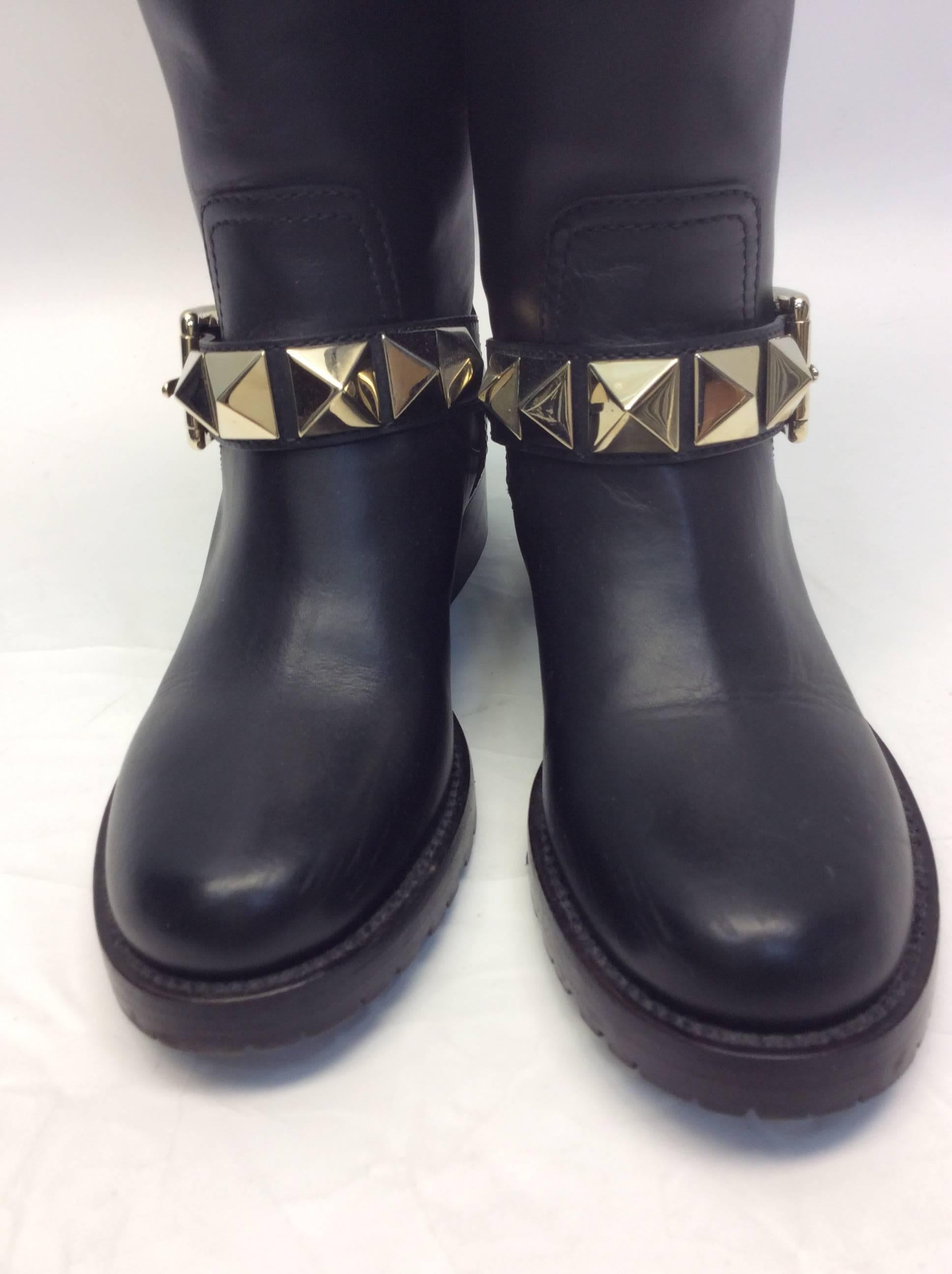 Valentino Leather Moto Studded Boots
Size 35.5 
12 inch boot shaft to heel
One inch heel
$550
Studded detail
