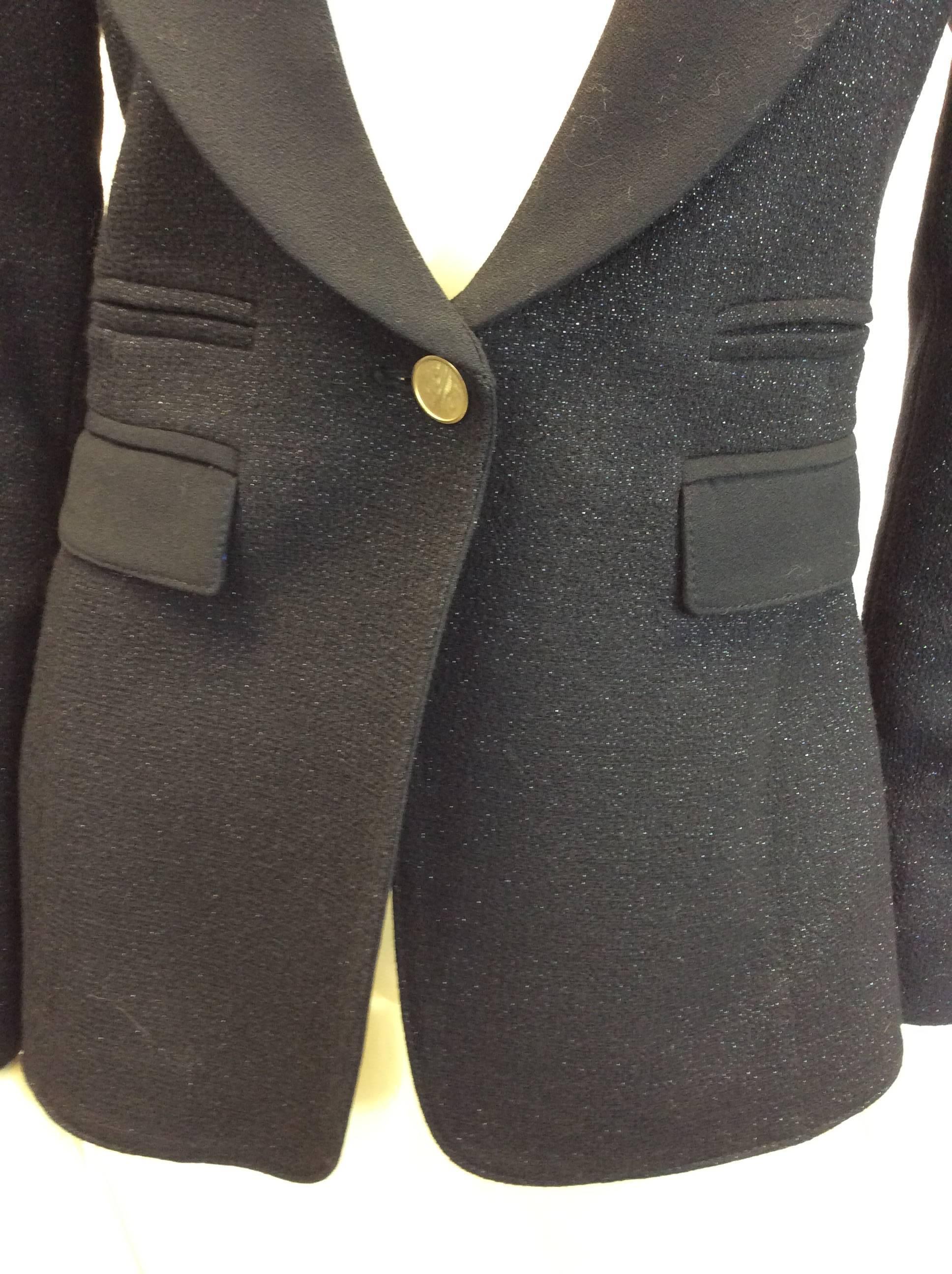 Smythe Wool Black Shimmer Blazer
Gold button detailing
98% wool
Shimmer 
Size 4
Made in Canada
$299
