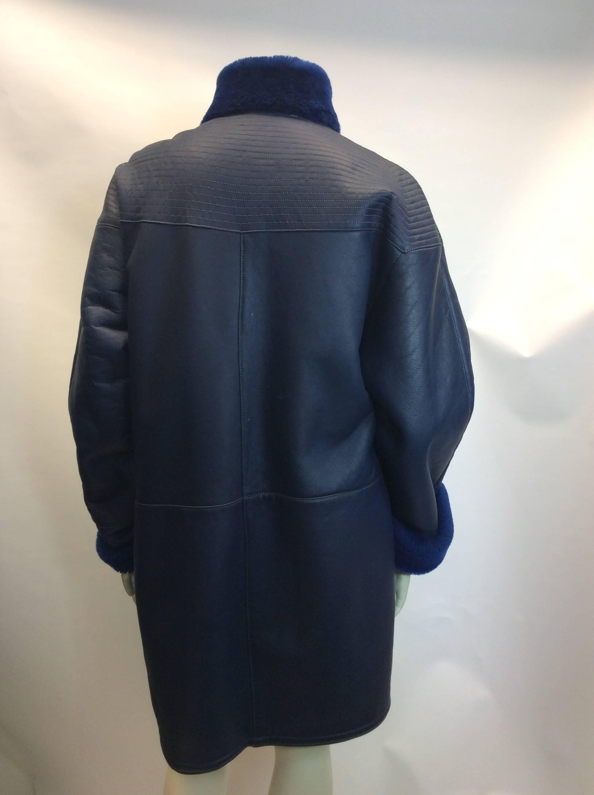 Tornopols Blue Shearling Leather Coat In Excellent Condition For Sale In Narberth, PA