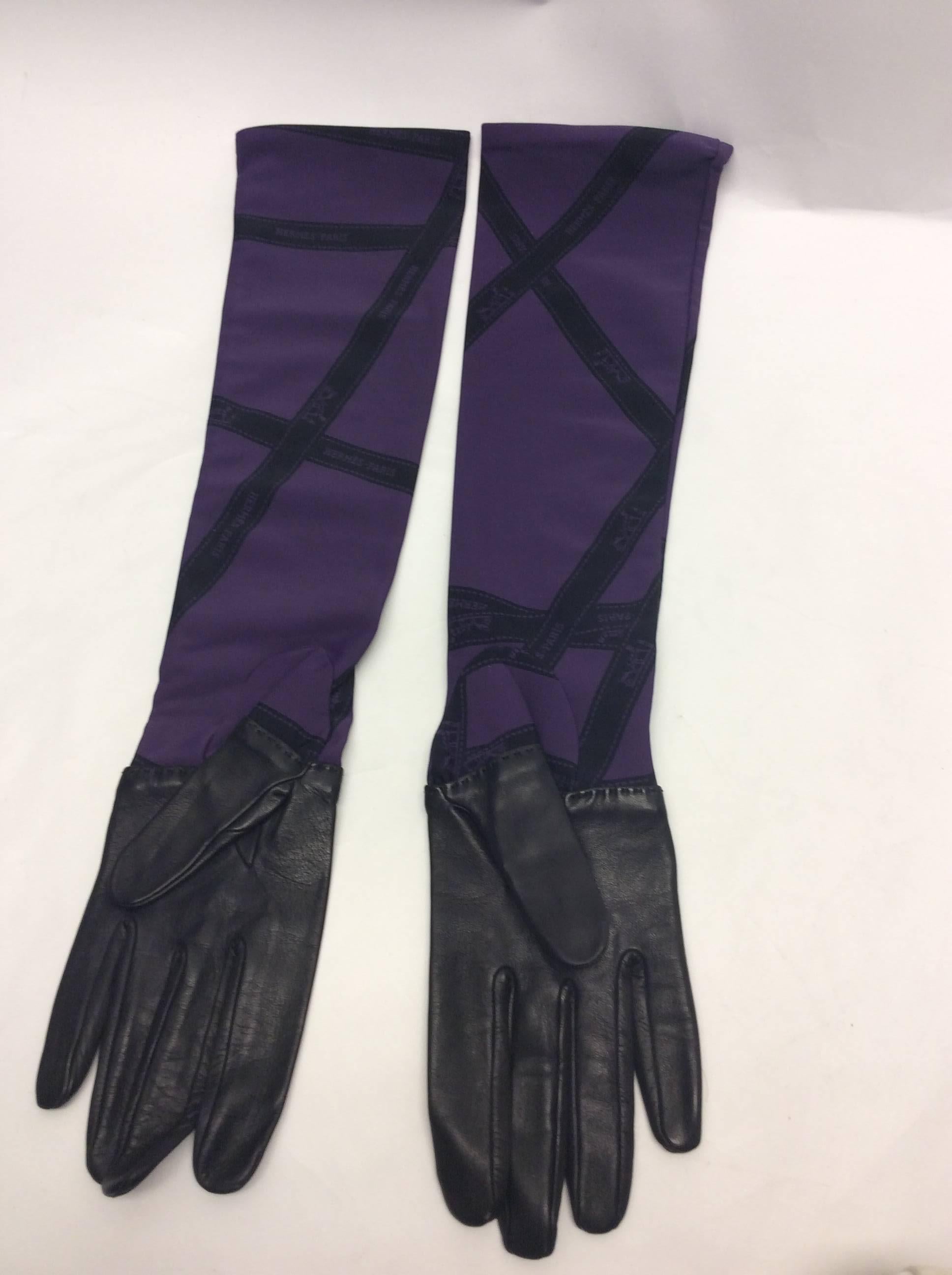 Black Hermes Leather And Silk Printed Gloves For Sale