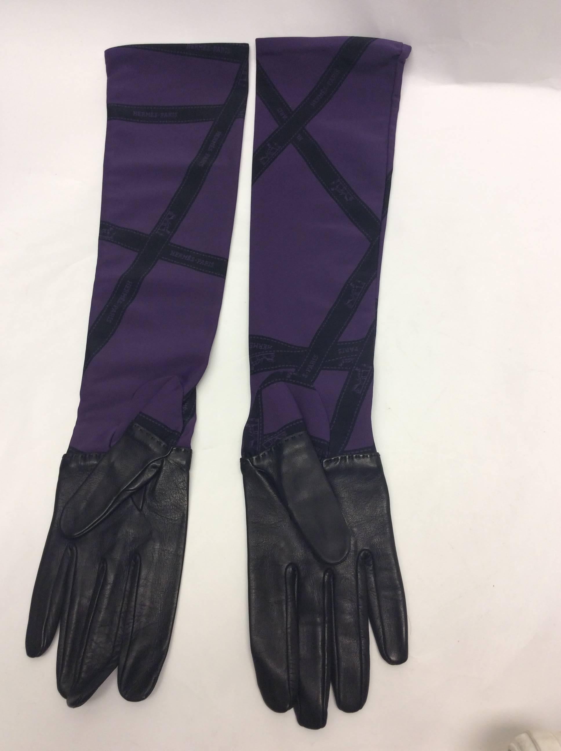 Women's Hermes Leather And Silk Printed Gloves For Sale