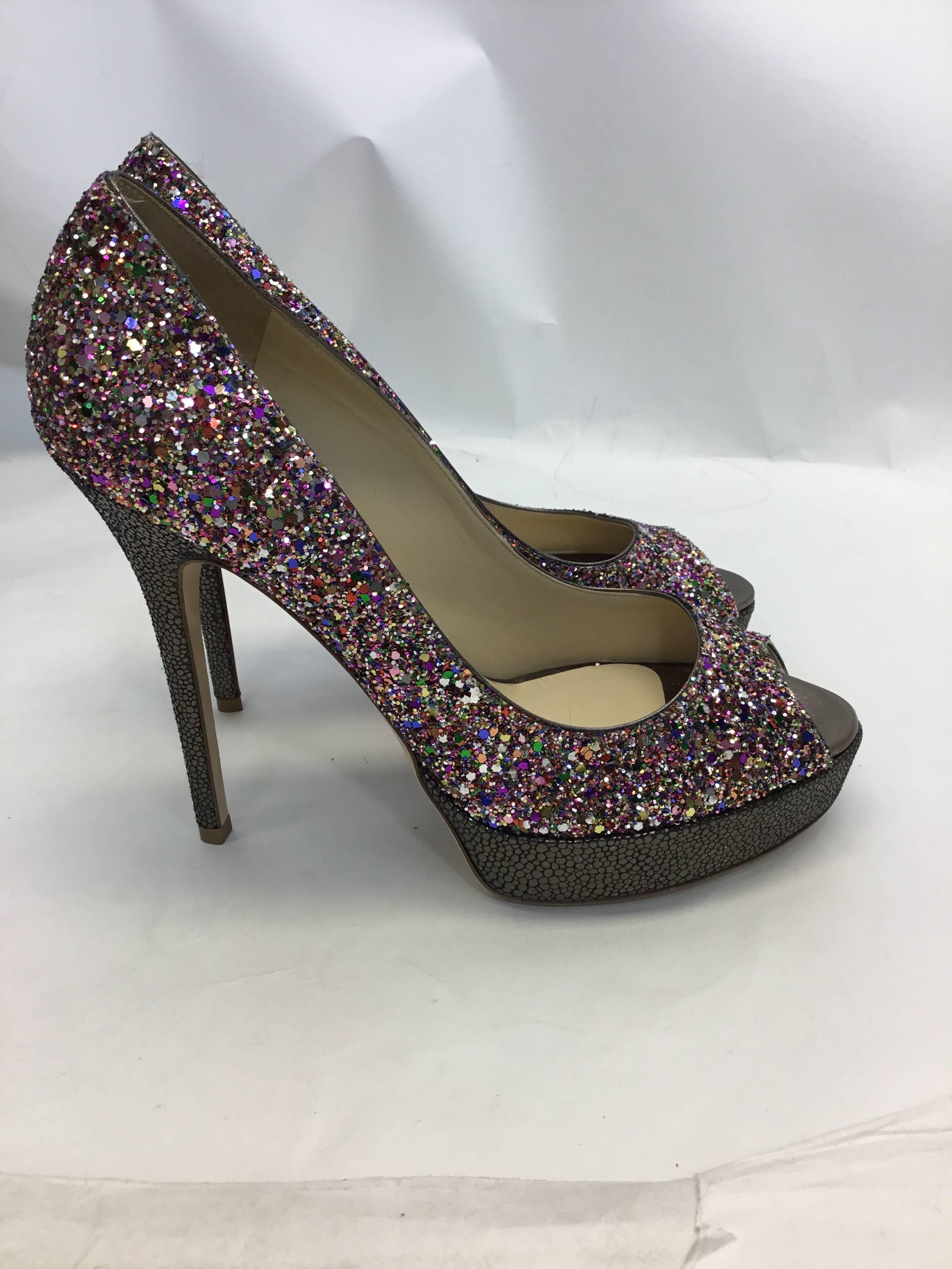 Jimmy Choo New Glitter & Snake Printed Stilletos In New Condition For Sale In Narberth, PA