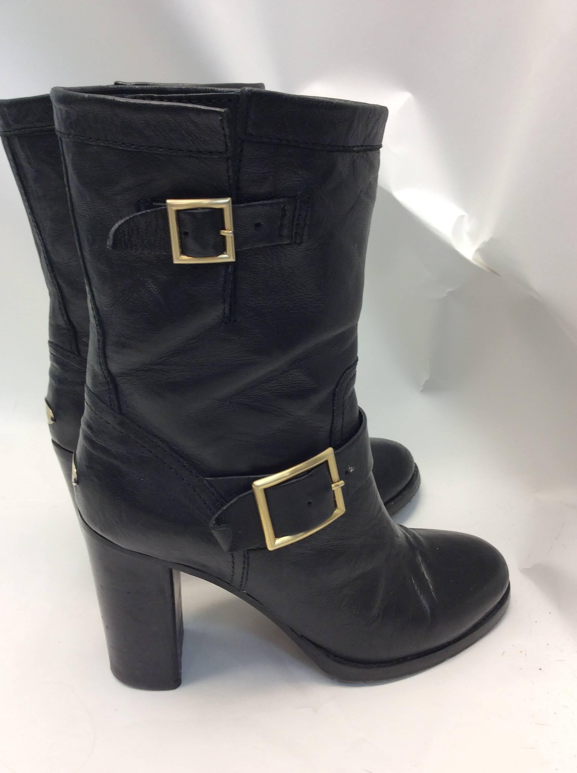 Jimmy Choo Black Leather Buckle Ankle Boots
3.5 inch heels
$599
Two gold buckle details