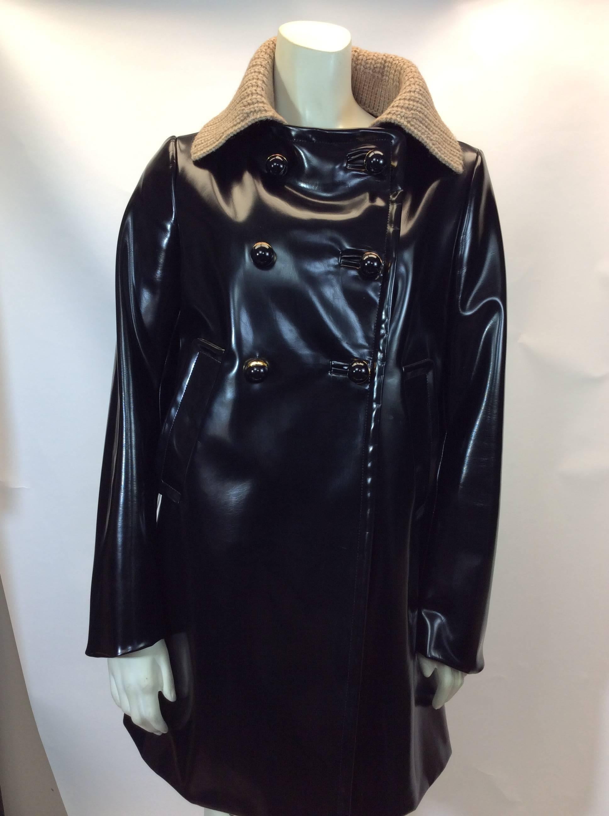 Prada Black Patent Rain Coat With Removable Wool Collar For Sale 1